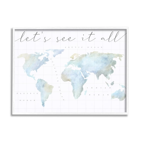 Stupell Industries Let's See It All World Map Typography Painting White Framed Art Print Wall Art