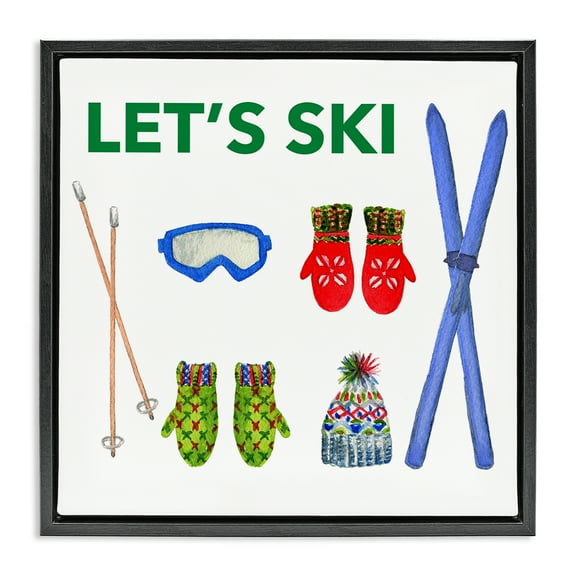 Stupell Industries Let's Ski on White Sports Painting Black Floater Framed Canvas Art Prints Wall Art, 18 x 18