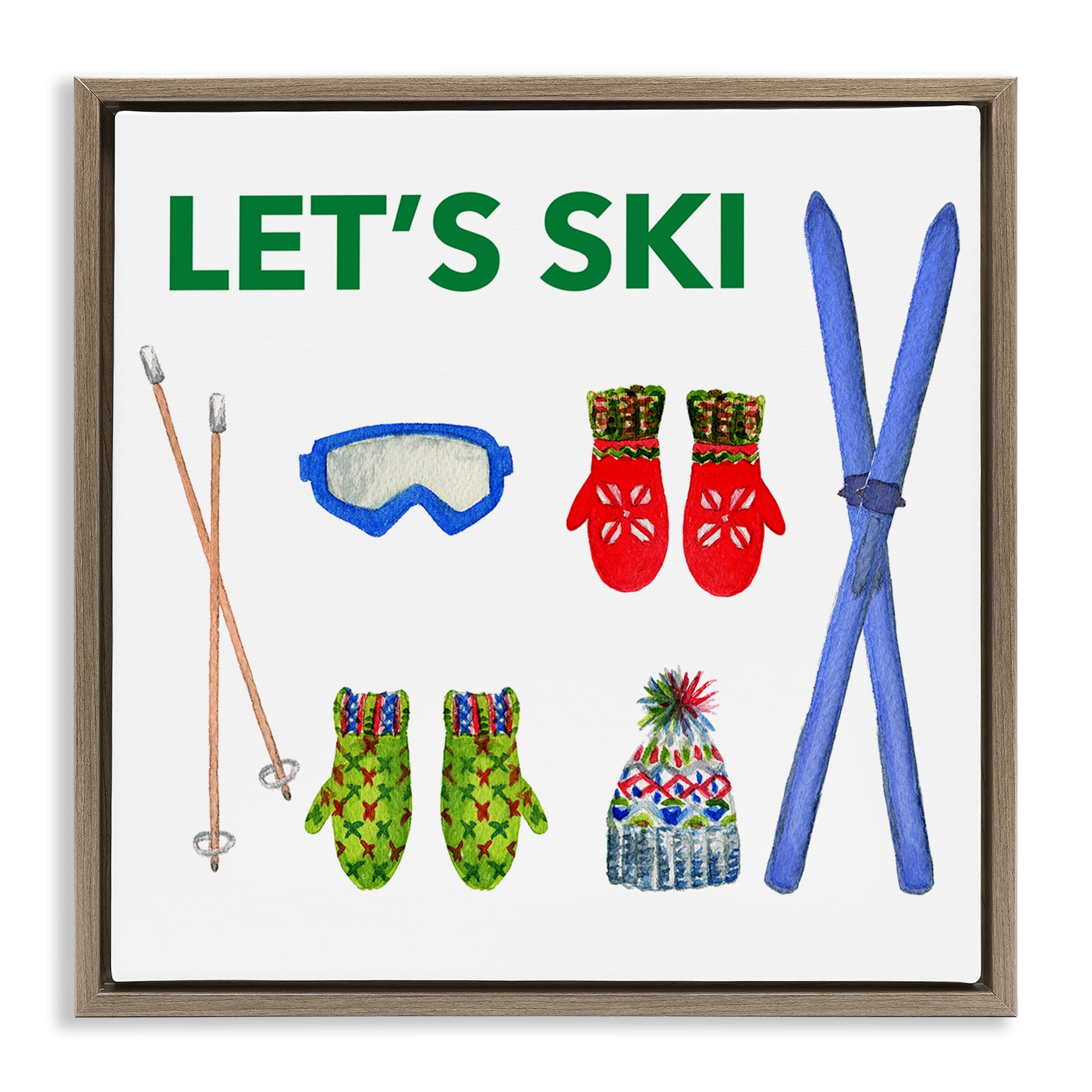 Stupell Industries Let's Ski on White Sports Painting Brown Floater Framed Canvas Art Prints Wall Art, 18 x 18