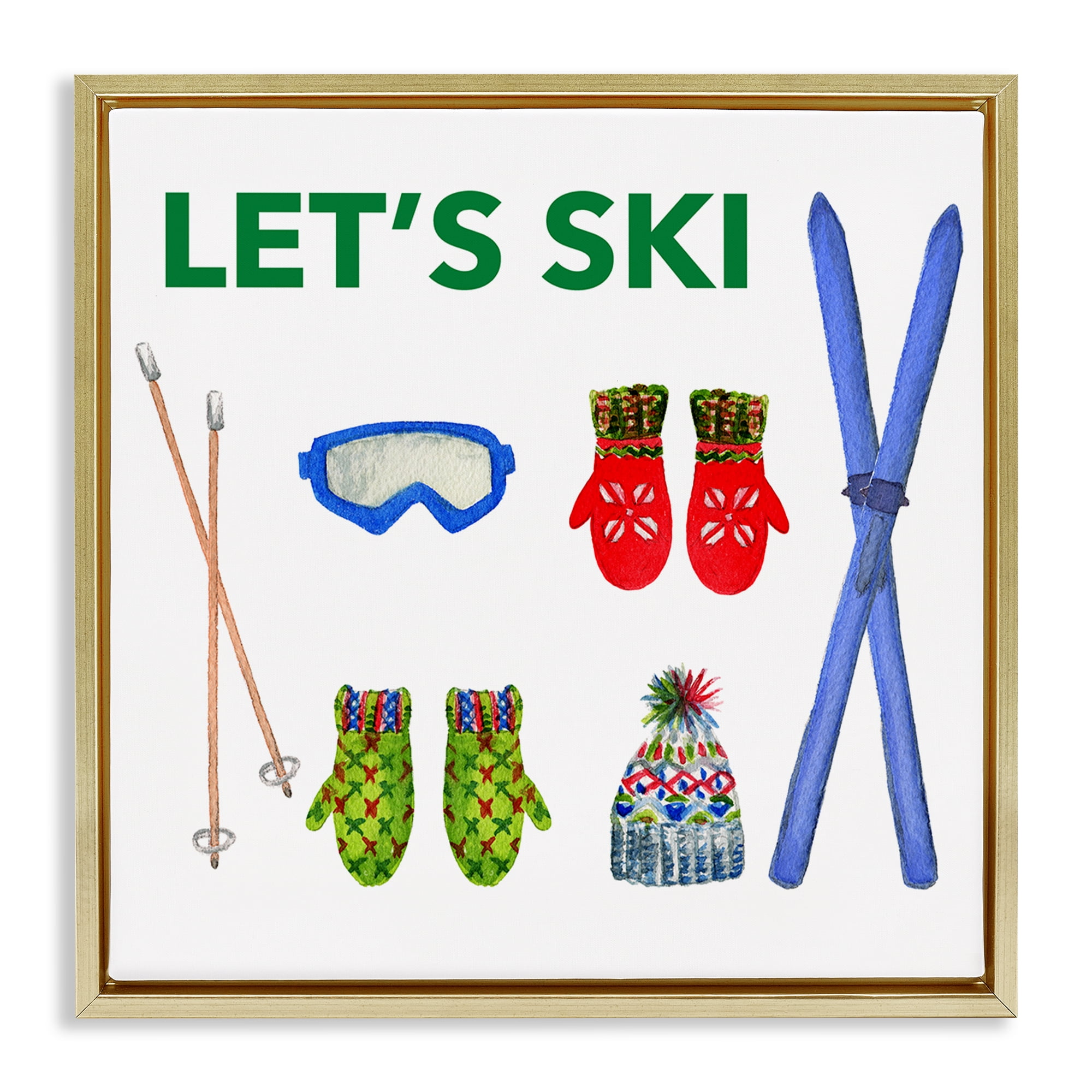 Stupell Industries Let's Ski on White Sports Painting Gold Floater Framed Canvas Art Prints Wall Art, 18 x 18