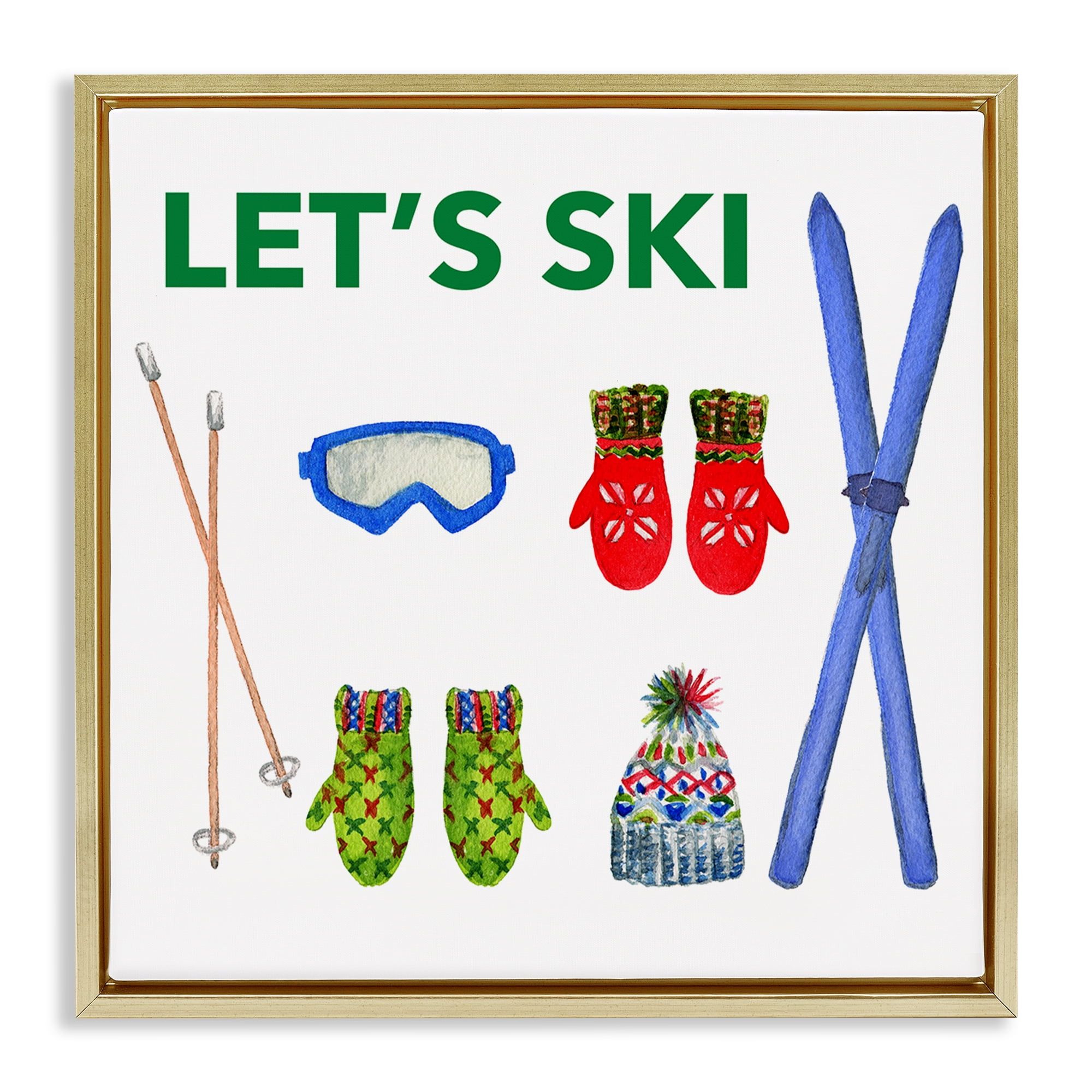 Stupell Industries Let's Ski on White Sports Painting Gold Floater Framed Canvas Art Prints Wall Art, 25 x 25