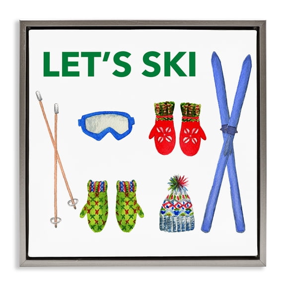 Stupell Industries Let's Ski on White Sports Painting Gray Floater Framed Canvas Art Prints Wall Art, 25 x 25