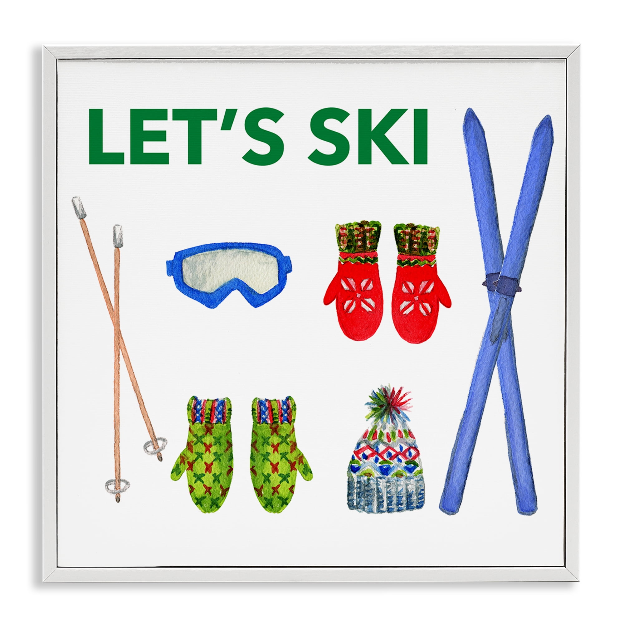 Stupell Industries Let's Ski on White Sports Painting White Framed Art Prints Wall Art, 24 x 24