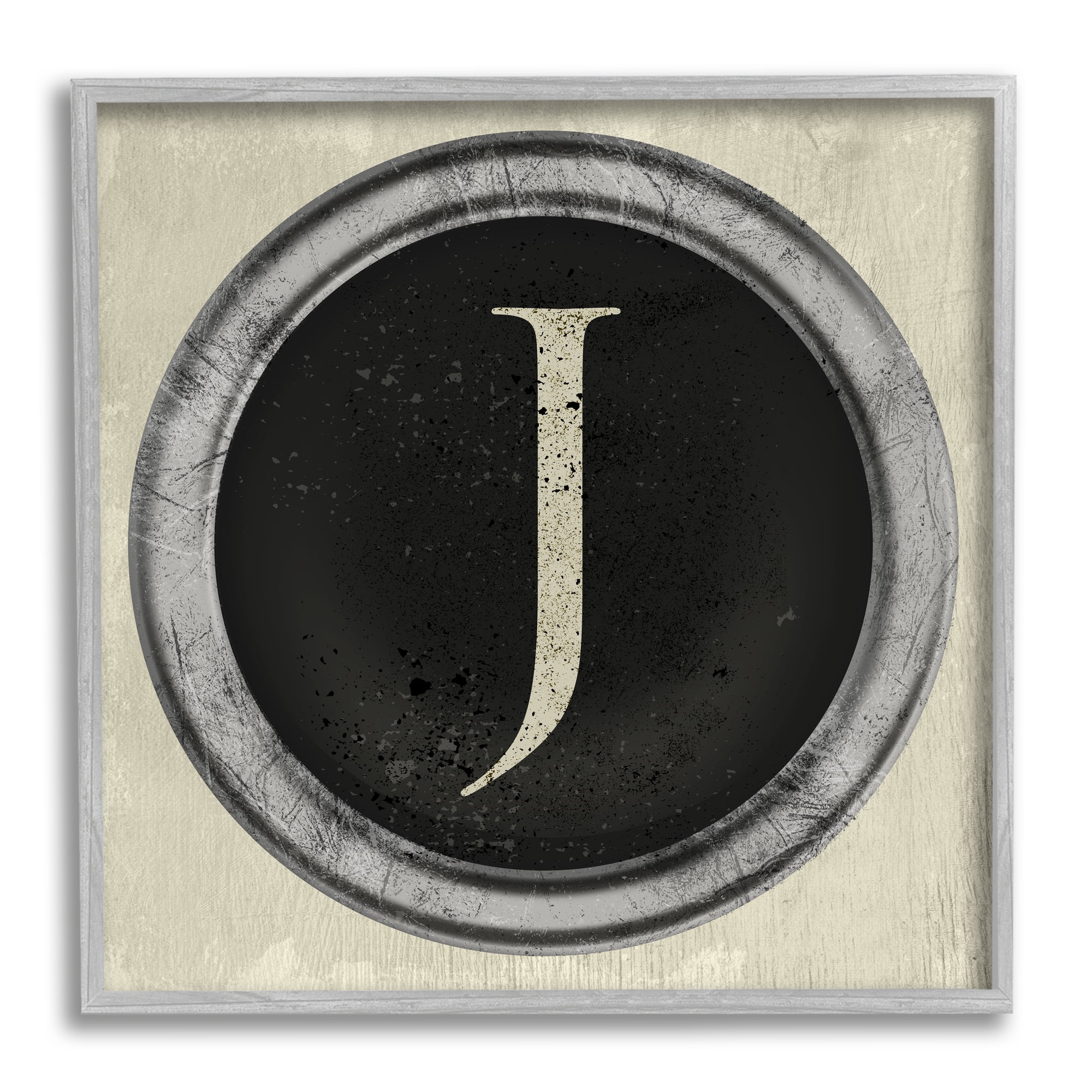 Stupell Industries Letter J Initial Vintage Shape Typewriter Key Typography Painting Gray Framed Art Print Wall Art, 24 x 24