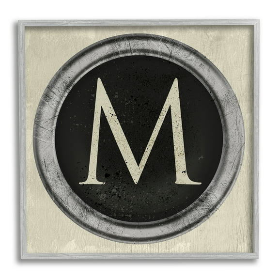 Stupell Industries Letter M Initial Vintage Shape Typewriter Key Glam Painting Gray Framed Art Print Wall Art, 12 x 12, Design by Daphne Polselli
