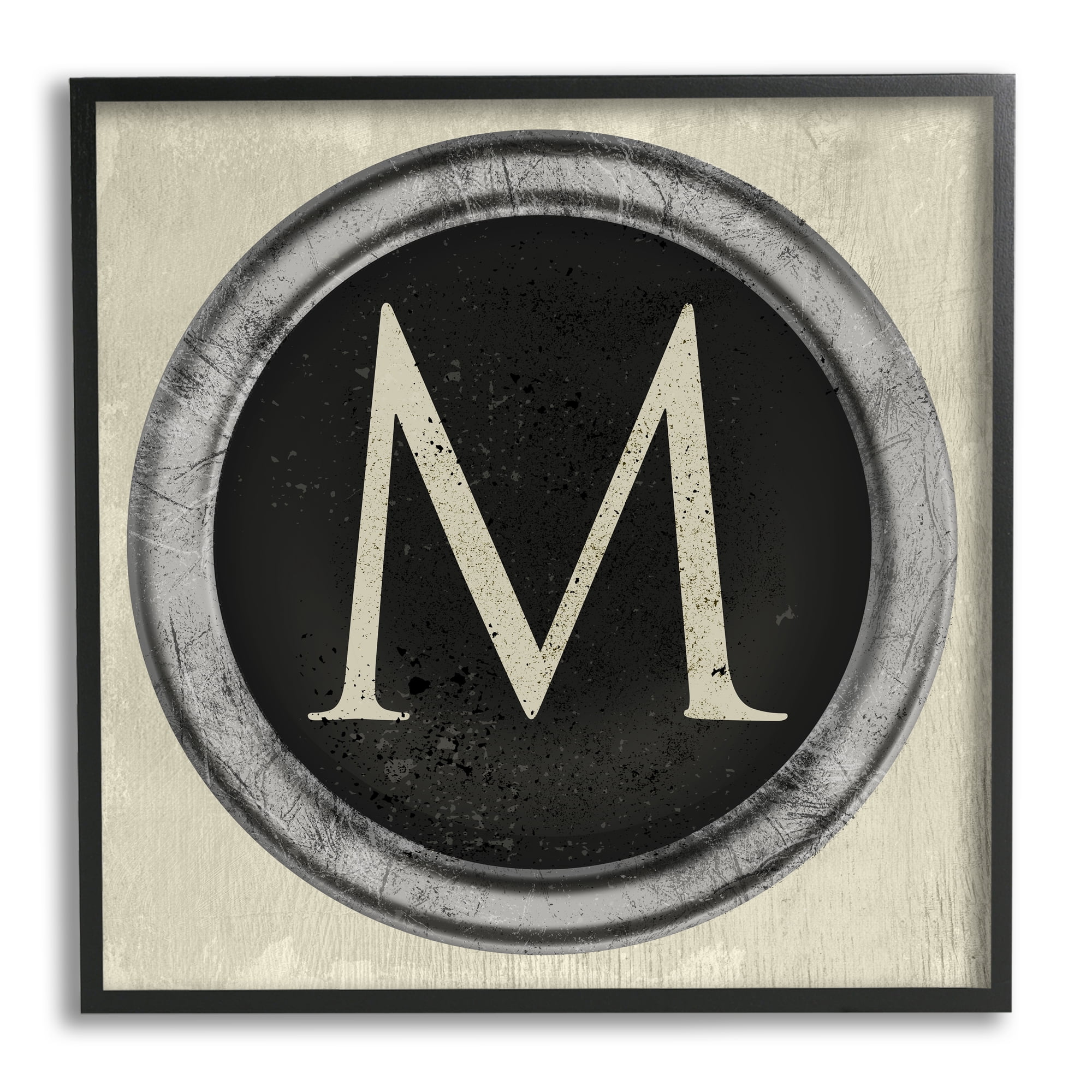 Stupell Industries Letter M Initial Vintage Shape Typewriter Key Typography Painting Black Framed Art Print Wall Art, 12 x 12