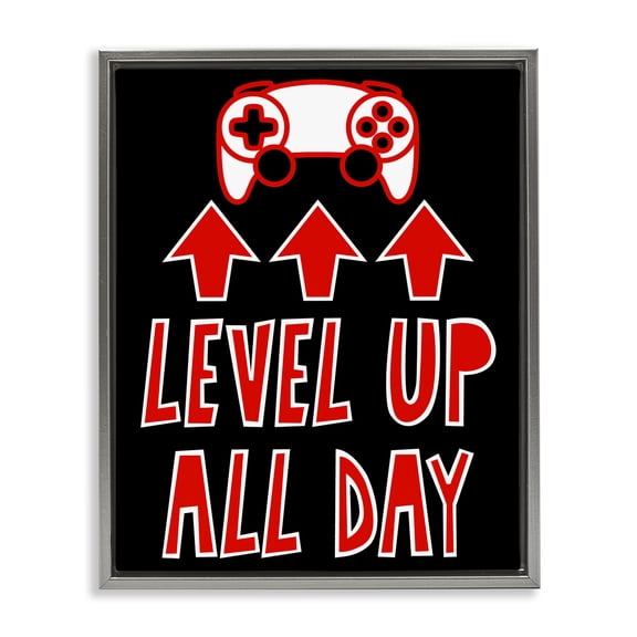 Stupell Industries Level Up All Day Gamer Gray Framed Floater Canvas Wall Art, design by Marcus Prime