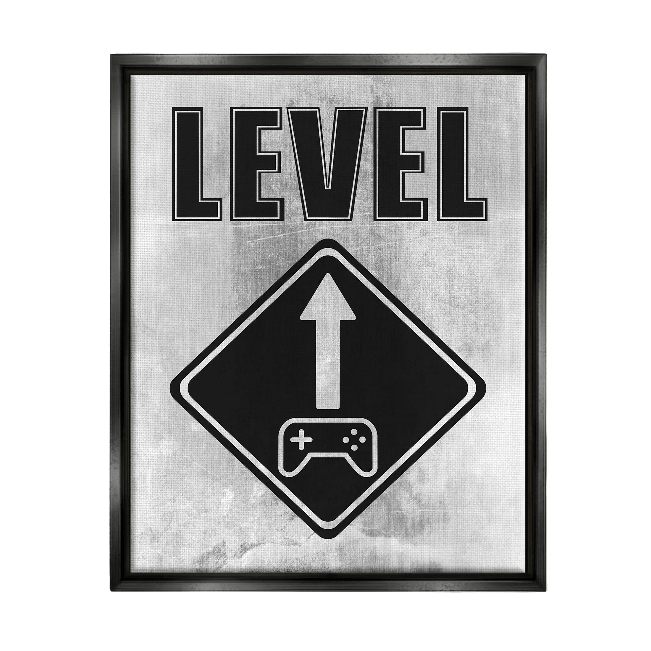 Stupell Industries Level Up Gaming Symbol Sign Graphic Art Jet Black Floating Framed Canvas Print Wall Art, Design by Marcus Prime