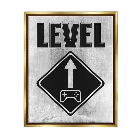Stupell Industries Level Up Gaming Symbol Sign Graphic Art Metallic Gold Floating Framed Canvas Print Wall Art, Design by Marcus Prime