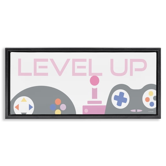 Stupell Industries Level Up Retro Joysticks Quotes and Sayings Painting Black Floater Framed Canvas Art Print Wall Art, 25 x 11