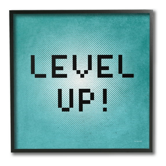 Stupell Industries Level Up Vintage Pixels Typography Painting Black Framed Art Print Wall Art, 12 x 12