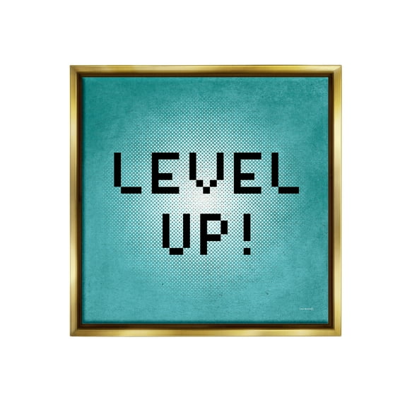 Stupell Industries Level Up Vintage Pixels Typography Painting Gold Floater Framed Canvas Art Print Wall Art, 18 x 18