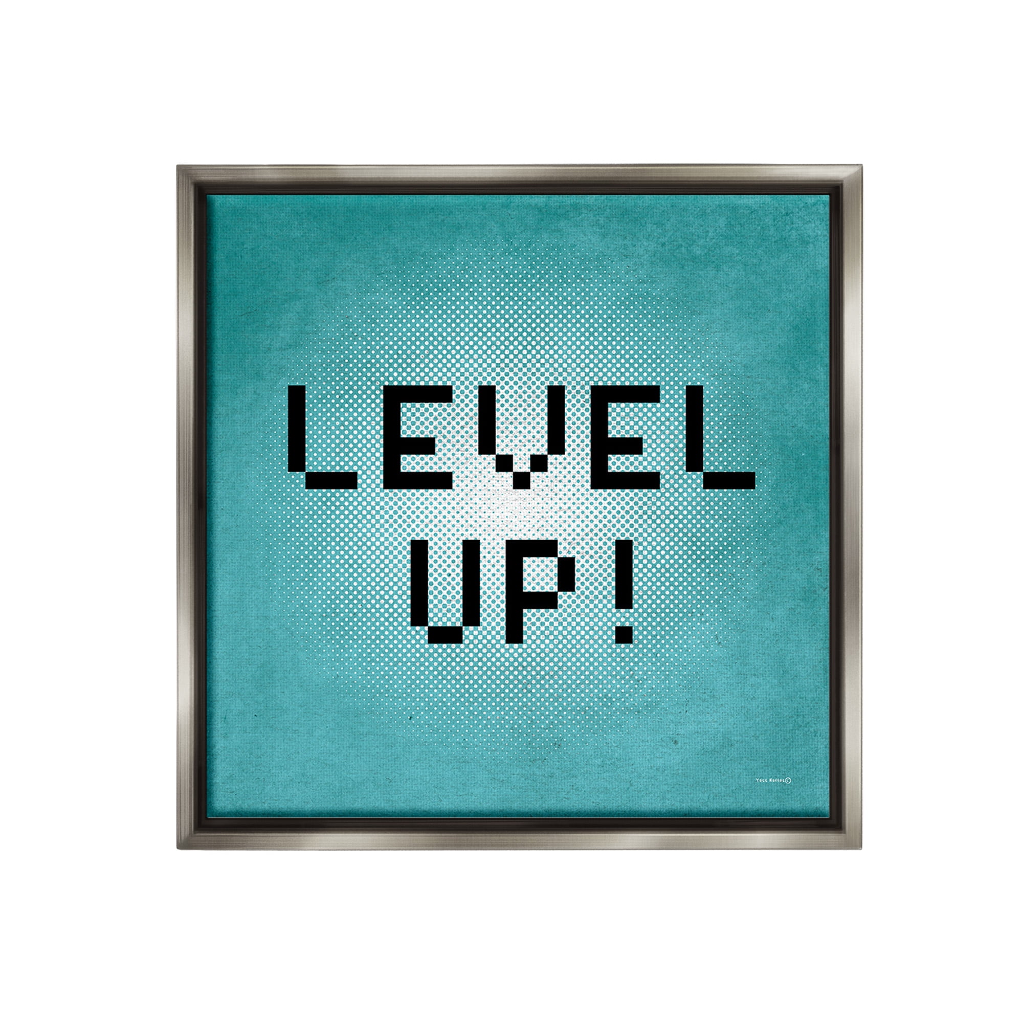 Stupell Industries Level Up Vintage Pixels Typography Painting Gray Floater Framed Canvas Art Print Wall Art, 18 x 18