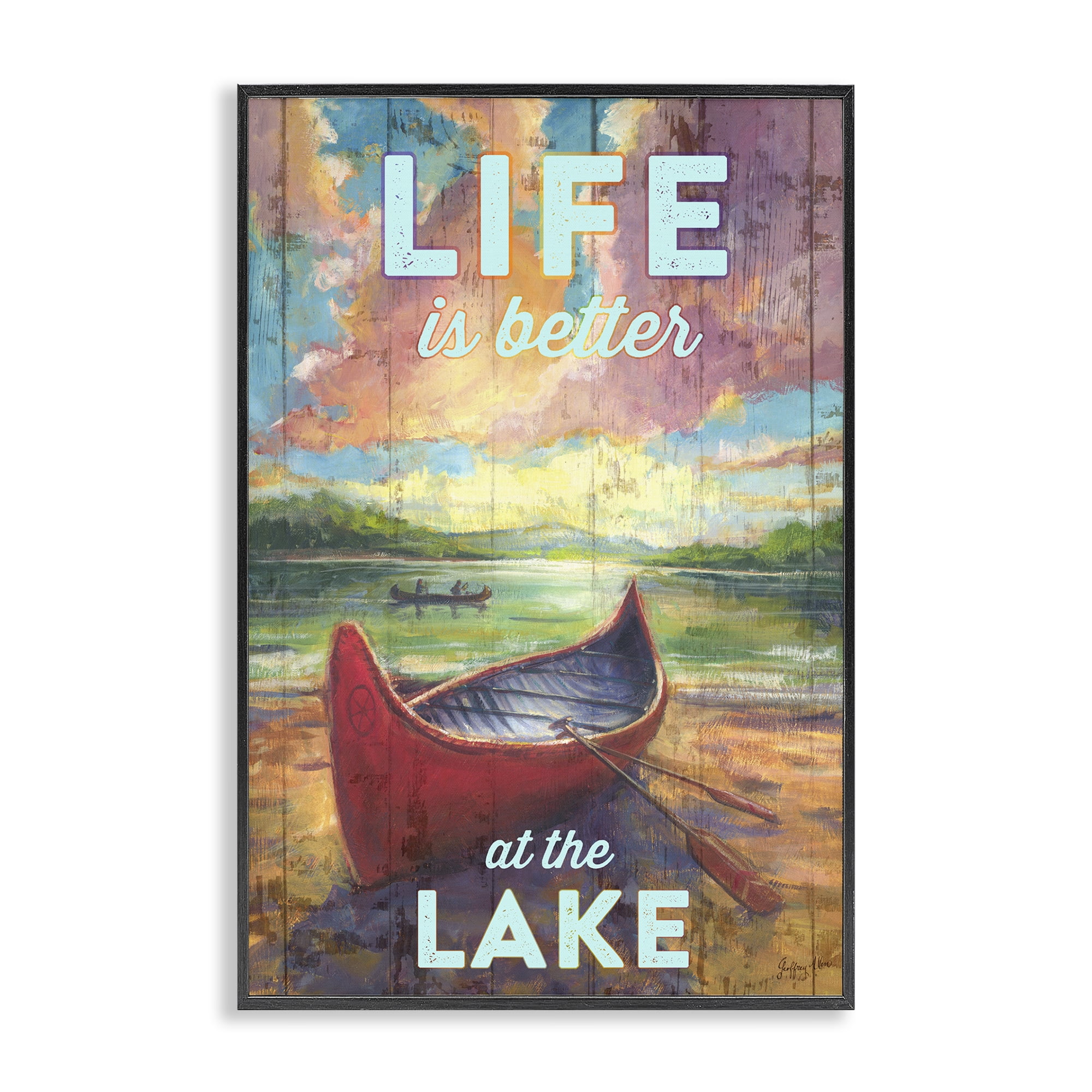 Stupell Industries Life At Lake with Canoe Transportation Painting Black Framed Art Print Wall Art, 16 x 24