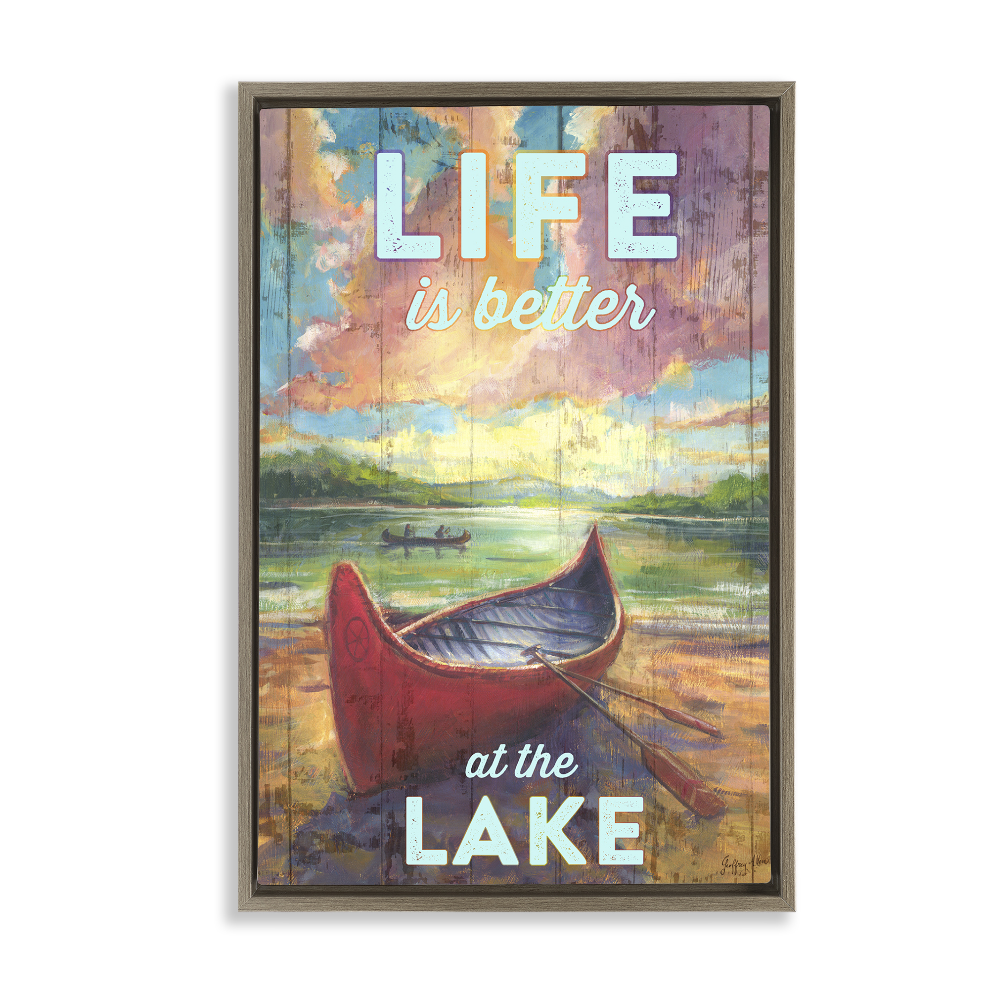 Stupell Industries Life At Lake with Canoe Transportation Painting Brown Floater Framed Canvas Art Print Wall Art, 21 x 31