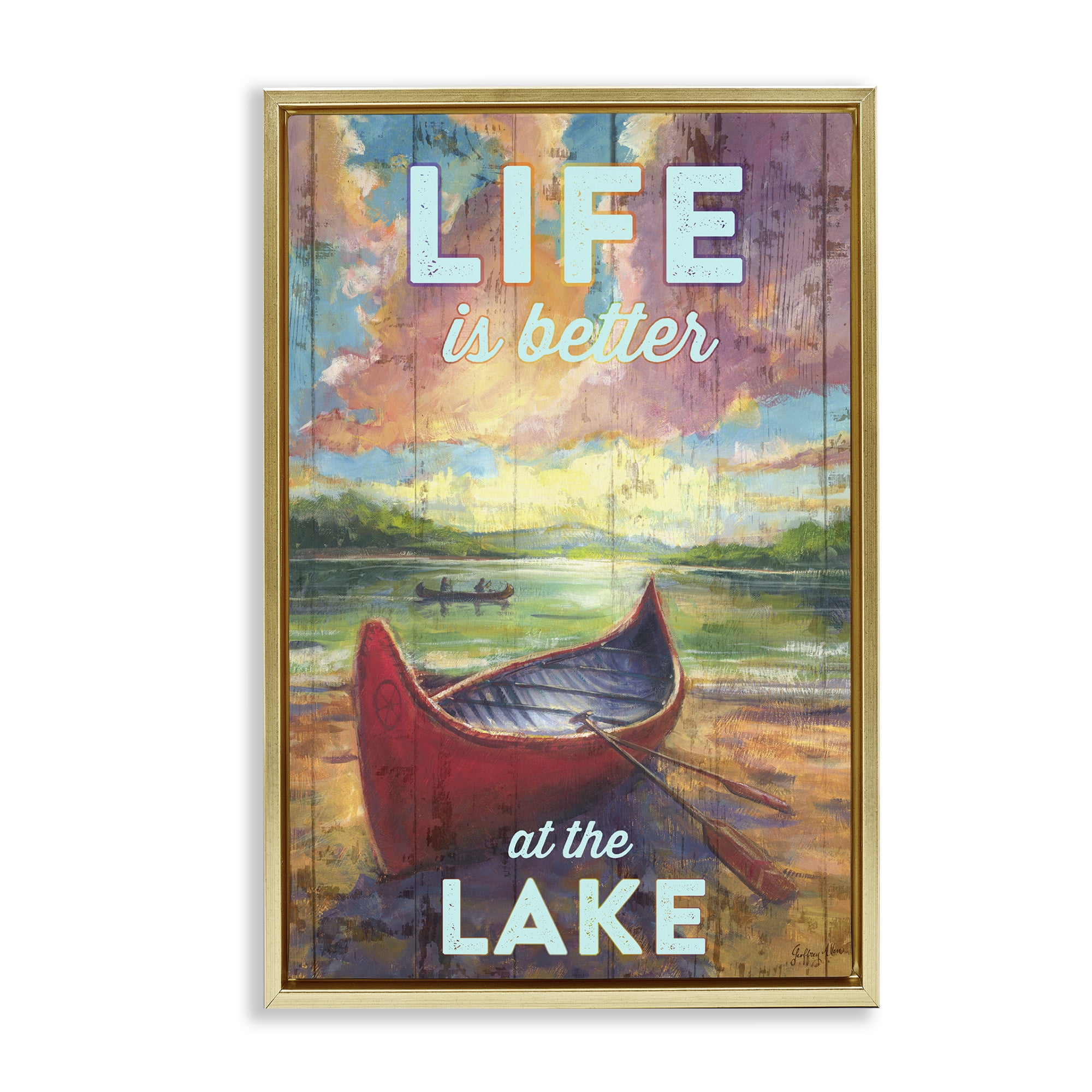 Stupell Industries Life At Lake with Canoe Transportation Painting Gold Floater Framed Canvas Art Print Wall Art, 17 x 25