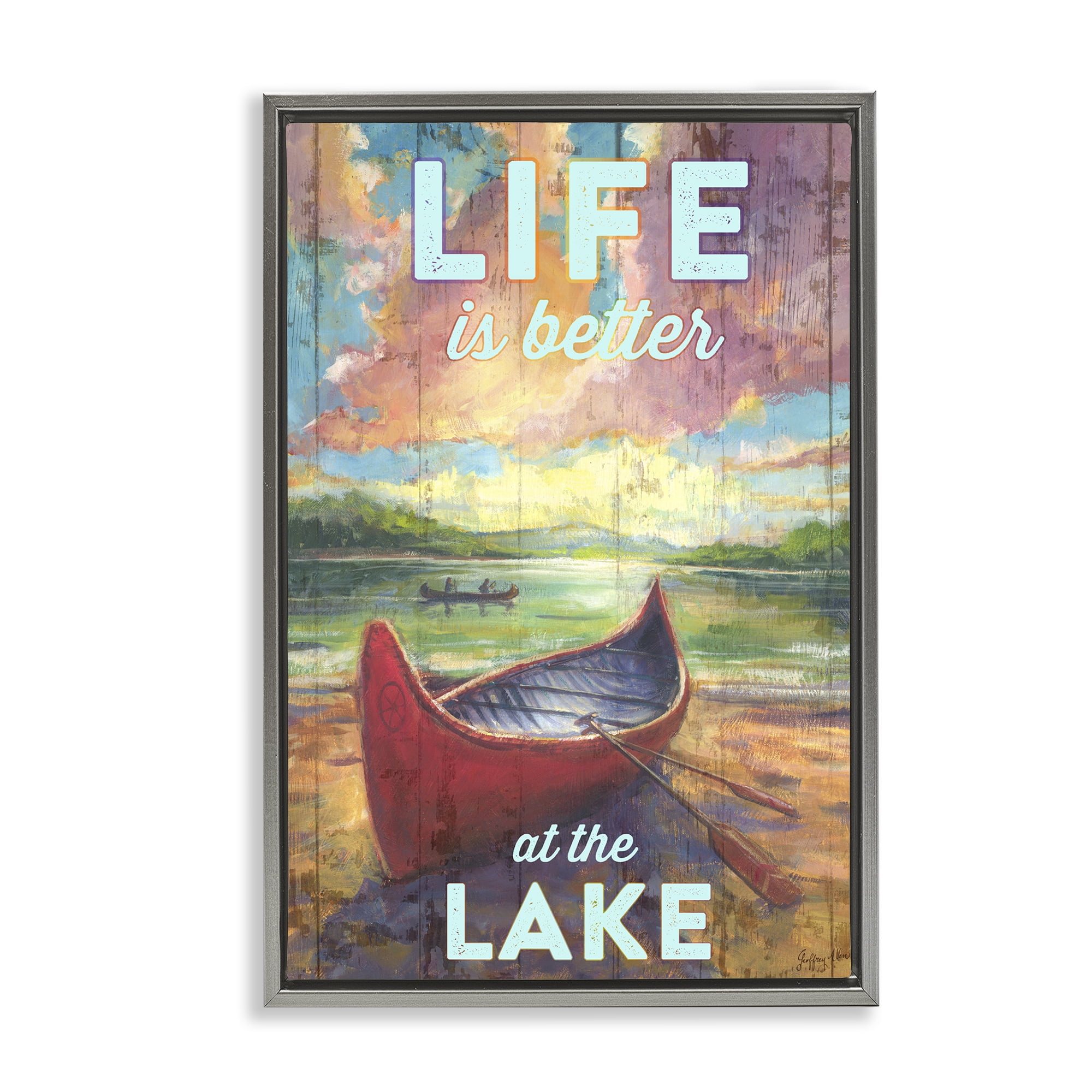 Stupell Industries Life At Lake with Canoe Transportation Painting Gray Floater Framed Canvas Art Print Wall Art, 21 x 31