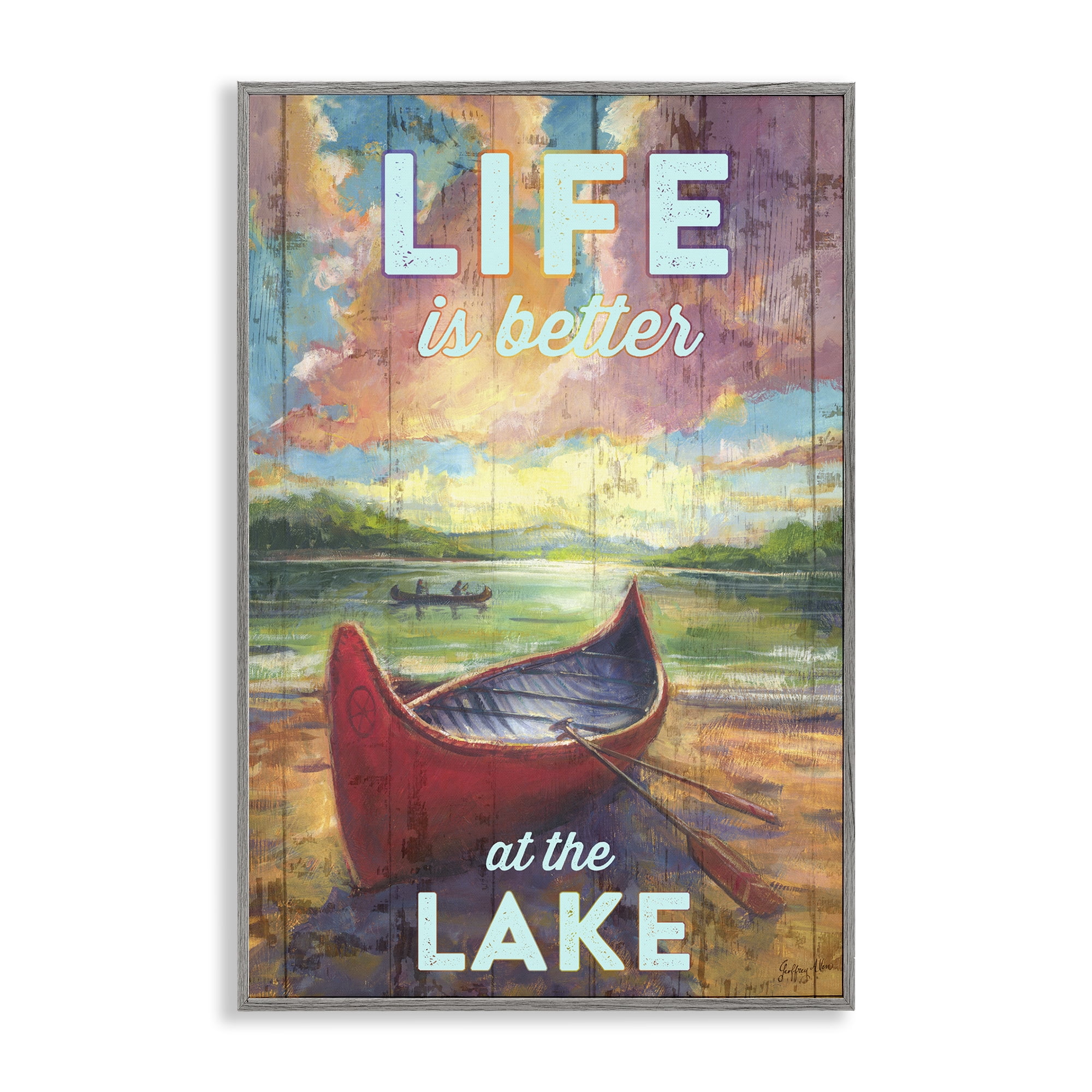 Stupell Industries Life At Lake with Canoe Transportation Painting Gray Framed Art Print Wall Art, 12 x 18