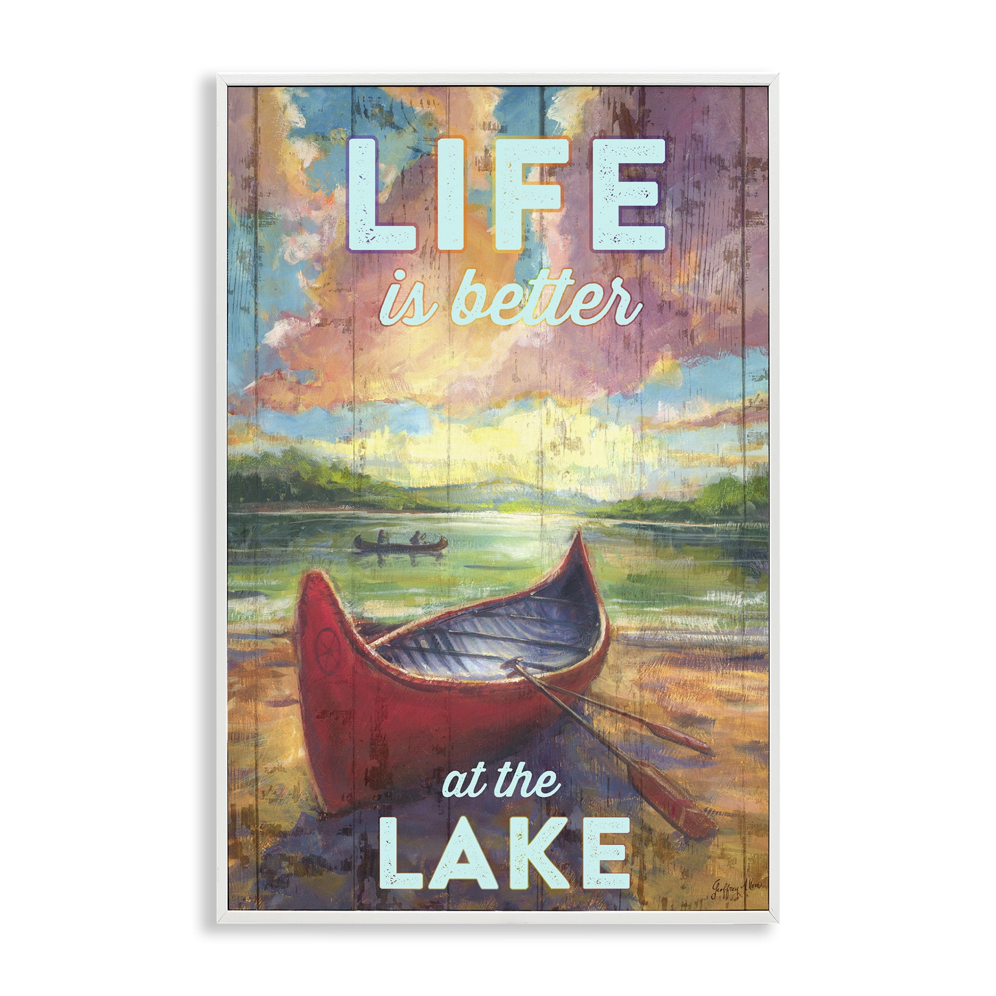 Stupell Industries Life At Lake with Canoe Transportation Painting White Framed Art Print Wall Art, 20 x 30