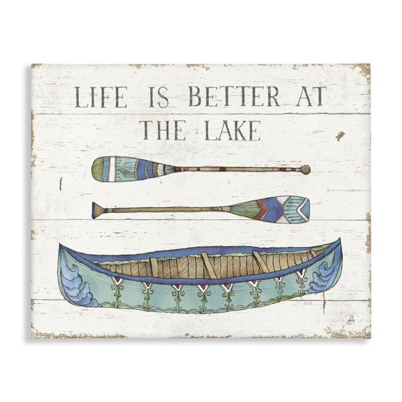Stupell Industries Rustic Lodge Life Better At Lake Rustic Canoe Ores Grain Pattern Canvas Art, 20 x 16, by Daphne Brissonnet
