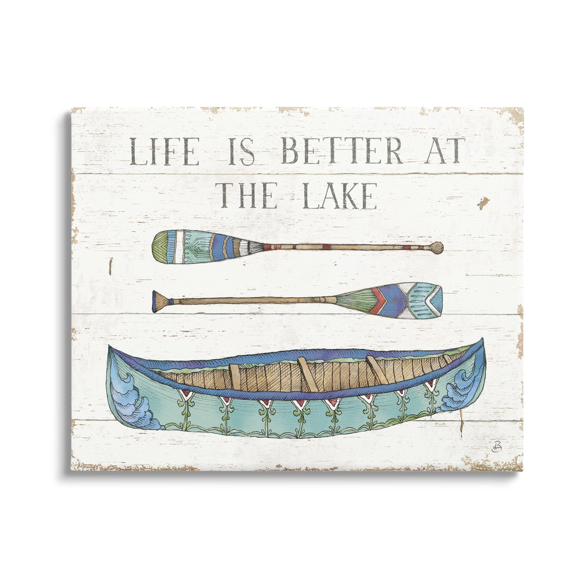 Stupell Industries Life Better At Lake Rustic Canoe Ores Grain Pattern Graphic Art Gallery Wrapped Canvas Print Wall Art, Design by Daphne Brissonnet