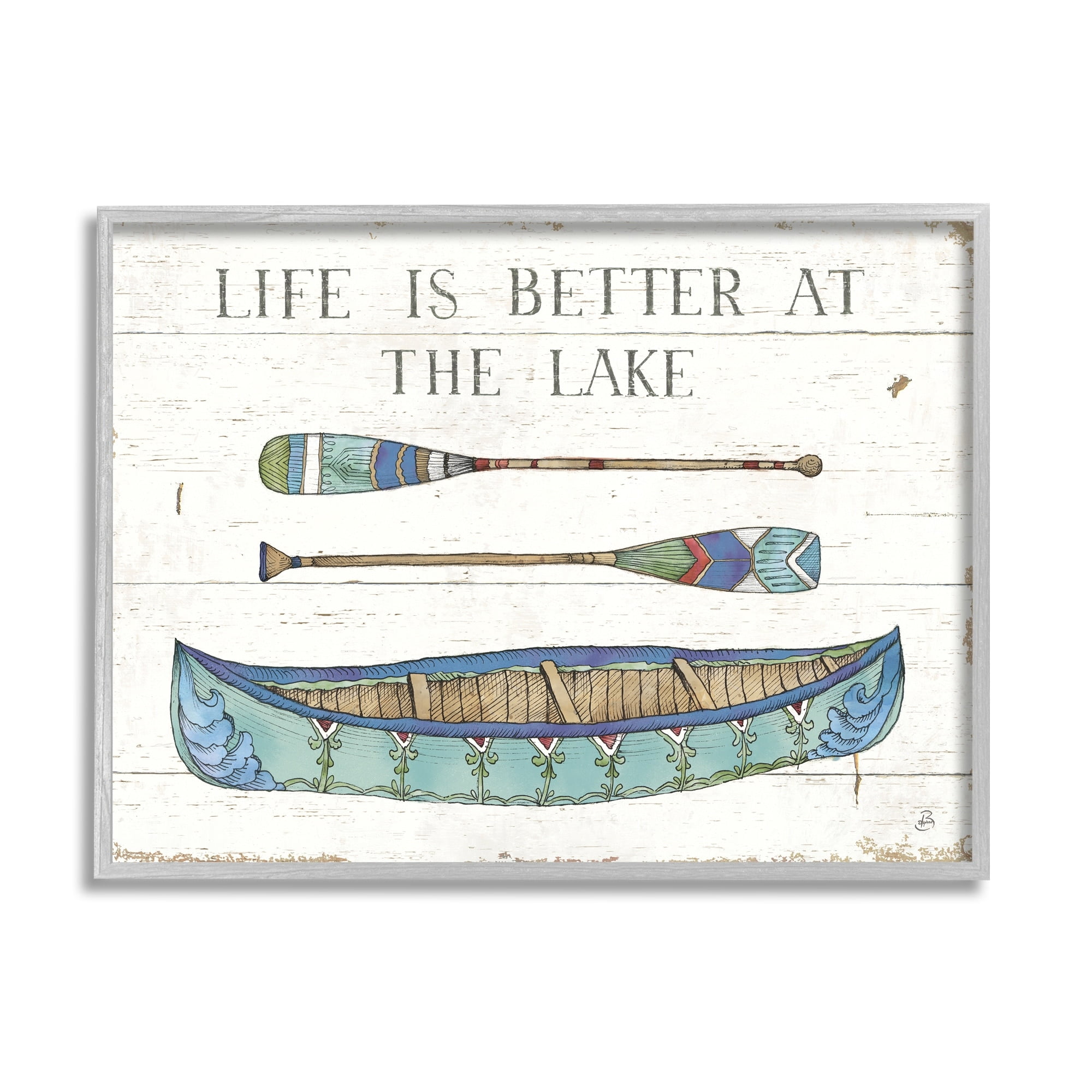 Stupell Industries Life Better At Lake Rustic Canoe Ores Grain Pattern Graphic Art Gray Framed Art Print Wall Art, Design by Daphne Brissonnet