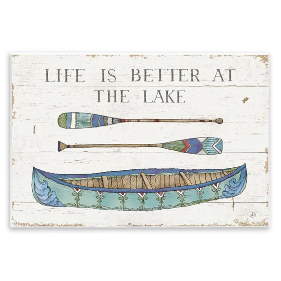 Stupell Industries Rustic Lodge Life Better At Lake Rustic Canoe Ores Grain Pattern Wall Plaque Art, 15 x 10, by Daphne Brissonnet