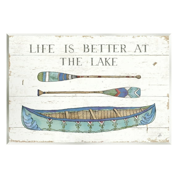 Stupell Industries Life Better At Lake Rustic Canoe Ores Grain Pattern Graphic Art Unframed Art Print Wall Art, Design by Daphne Brissonnet