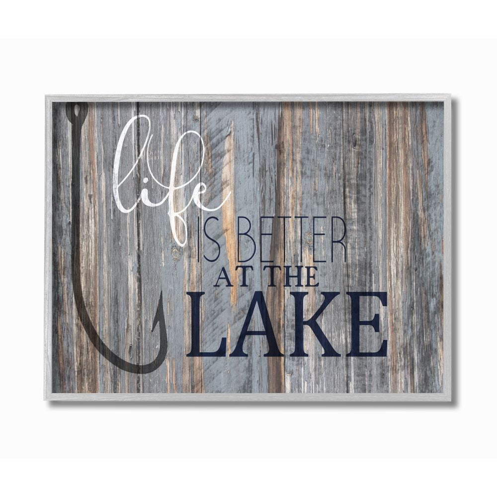 Stupell Industries Life Better Lake Quote Fish Lakehouse Cabin Nautical Phrase Framed Wall Art Design by Kim Allen, 11" x 14", Gray Framed