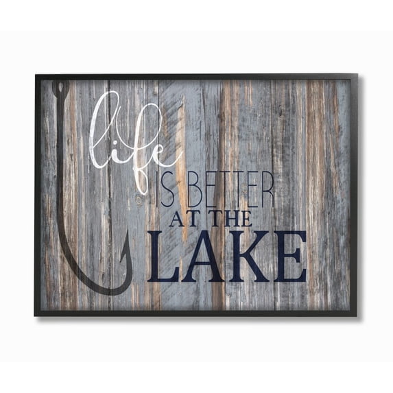 Stupell Industries Life Better Lake Quote Fish Lakehouse Cabin Nautical Phrase Framed Wall Art Design by Kim Allen, 24" x 30", Black Framed