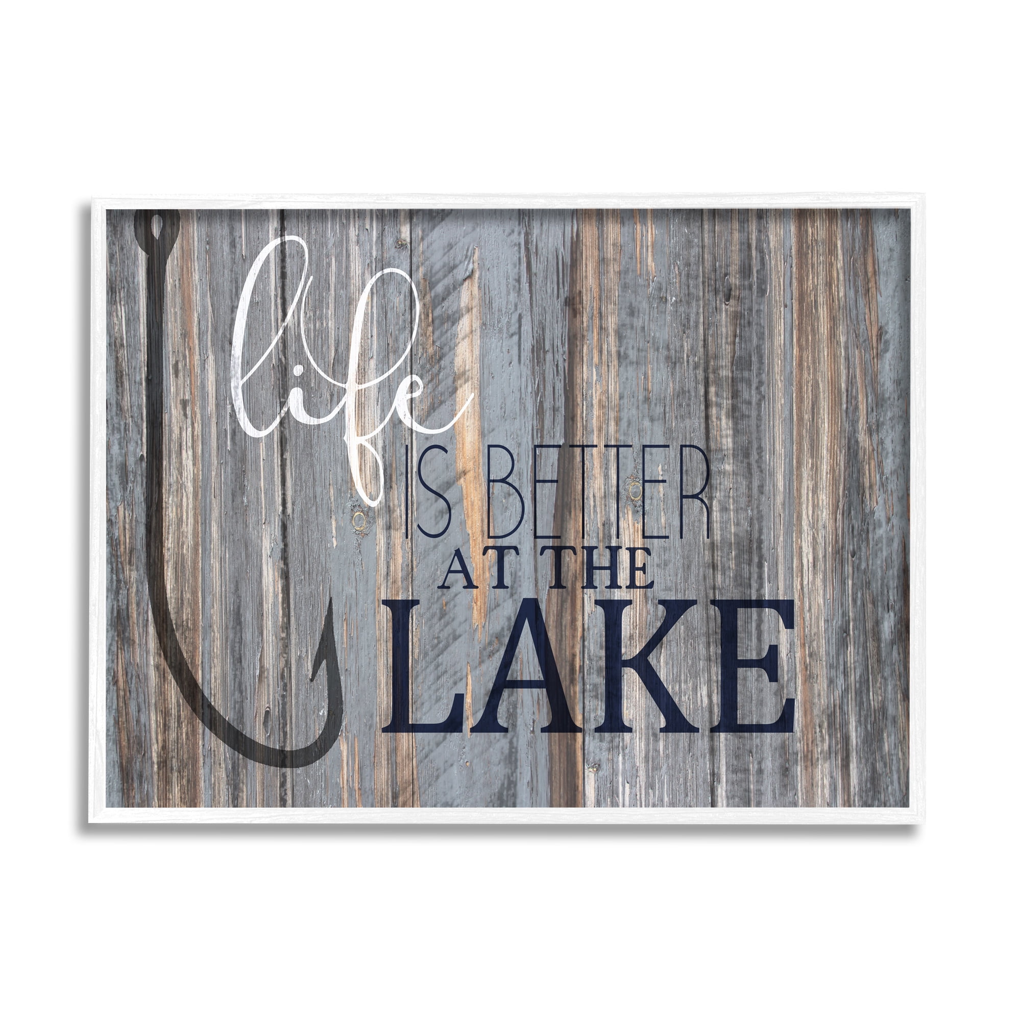 Stupell Industries Life Better Lake Quote Fish Lakehouse Cabin Nautical Phrase Graphic Art Framed Art Print Wall Art, 30x24, By Kim Allen