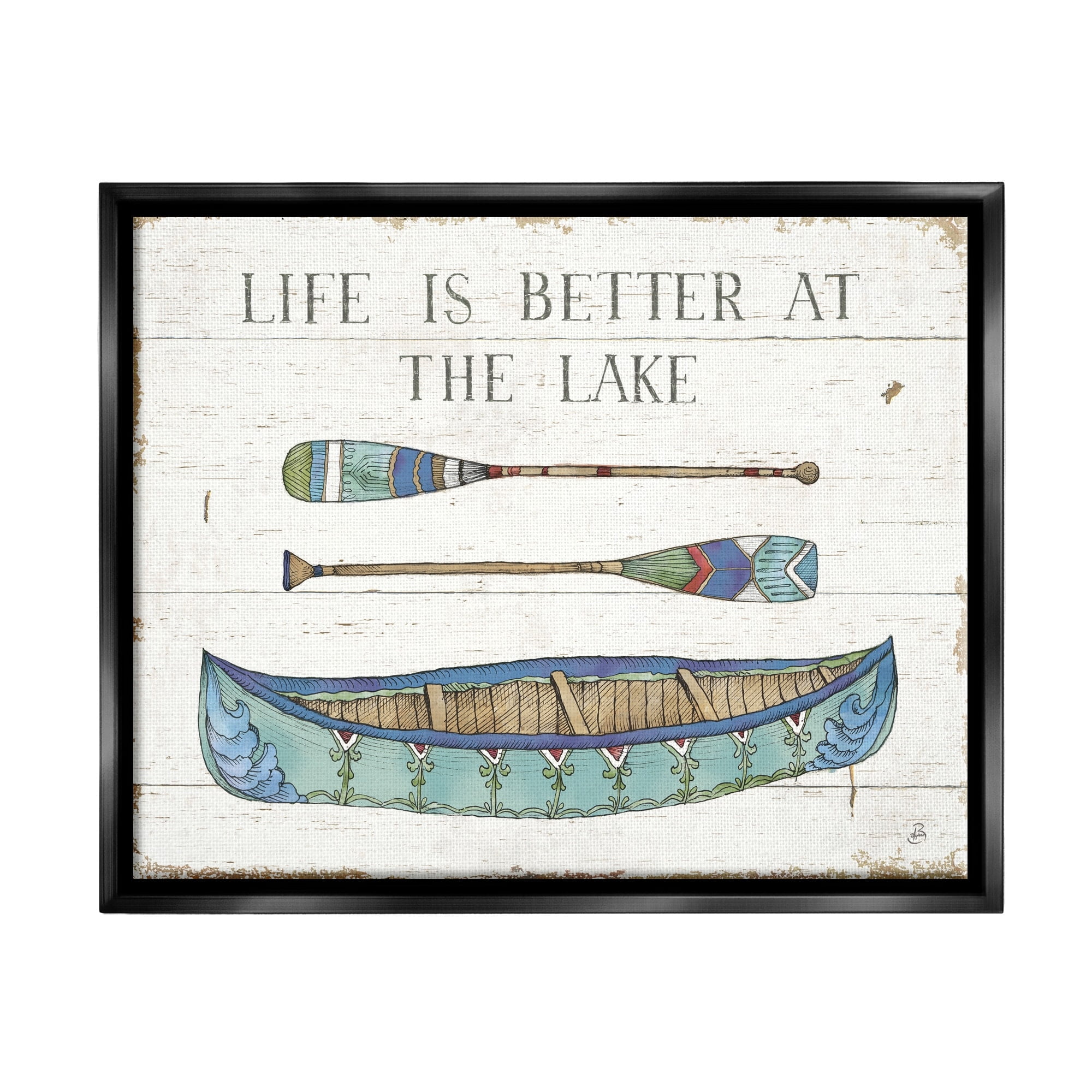 Stupell Industries Life Better At Lake Rustic Canoe Ores Grain Pattern Graphic Art Jet Black Floating Framed Canvas Print Wall Art, Design by Daphne Brissonnet