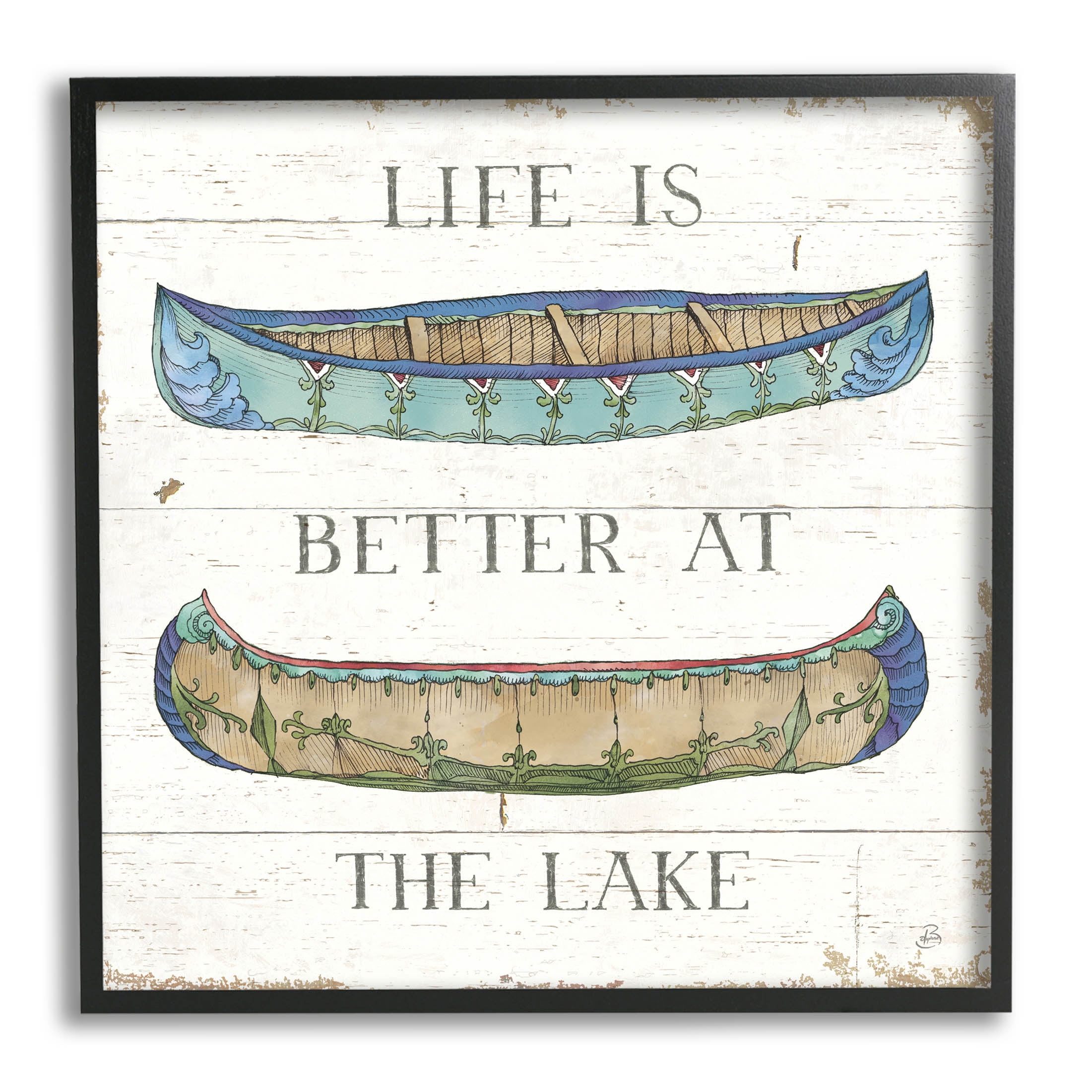Stupell Industries Life Better at Lake Weathered Canoes Graphic Art Black Framed Art Print Wall Art, Design by Daphne Brissonnet