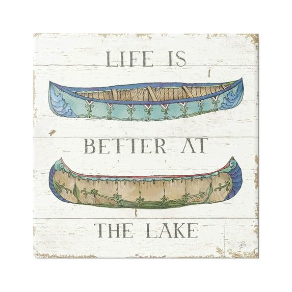 Stupell Industries Life Better at Lake Weathered Canoes Graphic Art Gallery Wrapped Canvas Print Wall Art, Design by Daphne Brissonnet