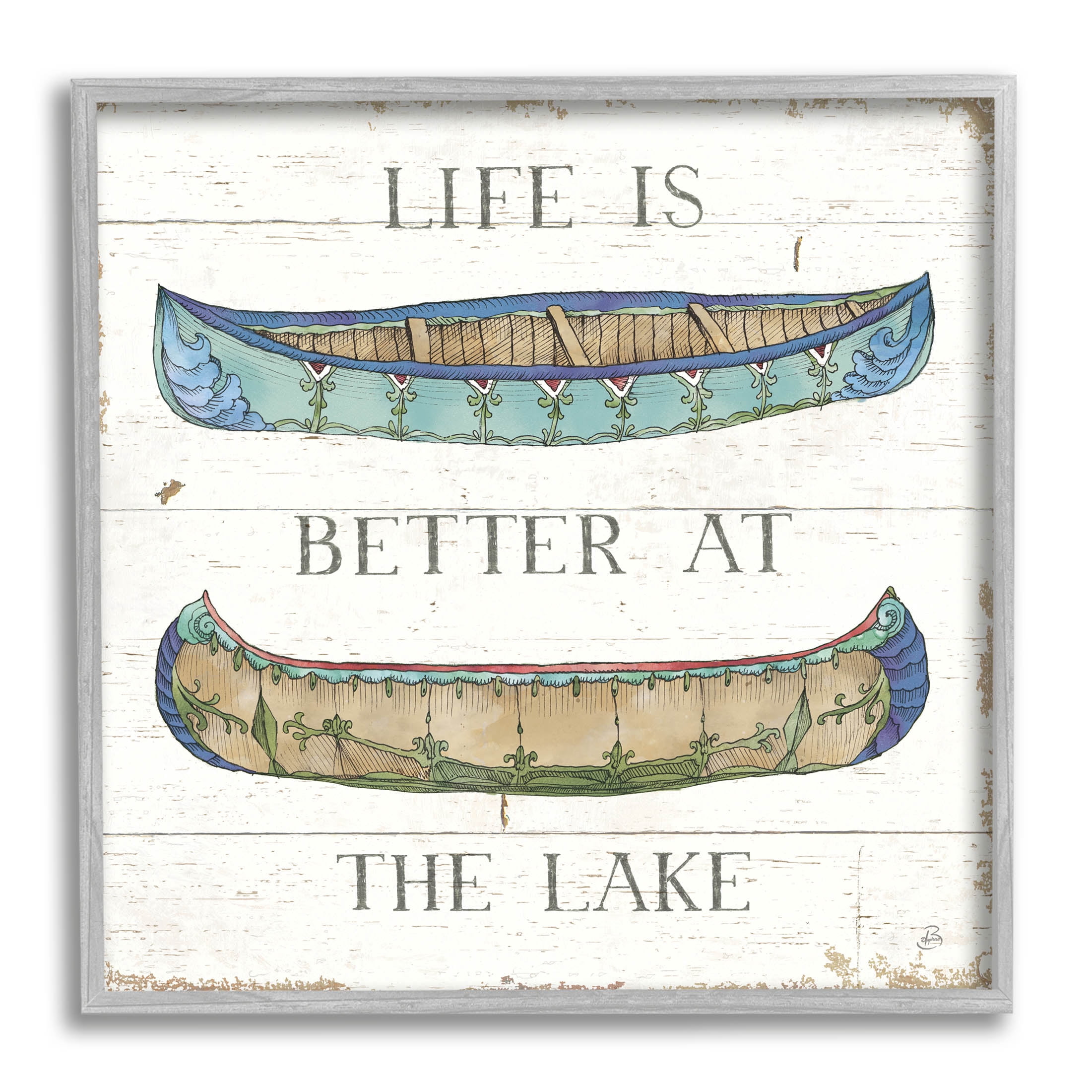 Stupell Industries Life Better at Lake Weathered Canoes Graphic Art Gray Framed Art Print Wall Art, Design by Daphne Brissonnet