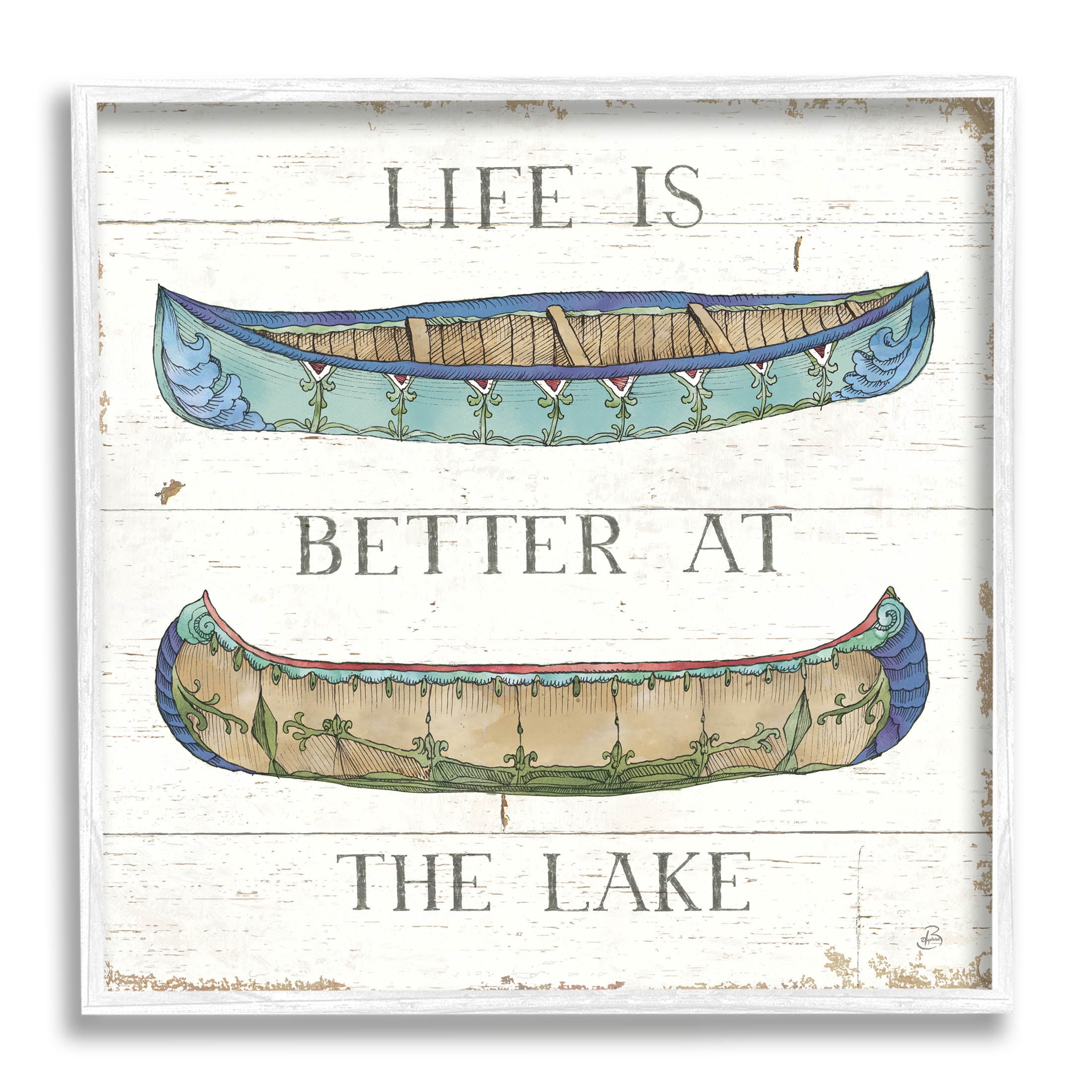 Stupell Industries Life Better at Lake Weathered Canoes Graphic Art White Framed Art Print Wall Art, Design by Daphne Brissonnet