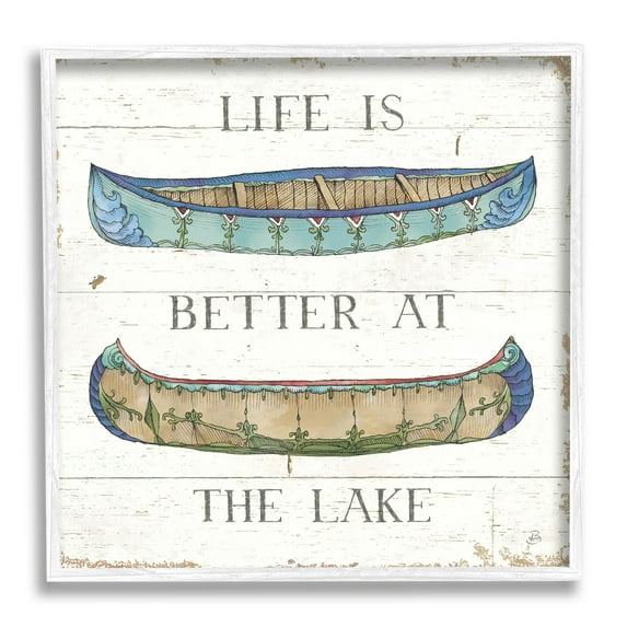 Stupell Industries Life Better at Lake Weathered Canoes Graphic Art White Framed Art Print Wall Art, Design by Daphne Brissonnet