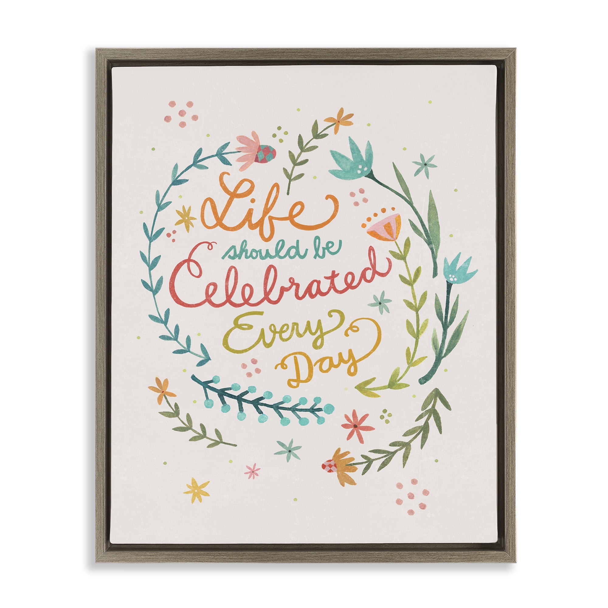 Stupell Industries Life Celebrated with Floral Sprigs Plants & Flowers Painting Brown Floater Framed Canvas Art Print Wall Art, 17 x 21