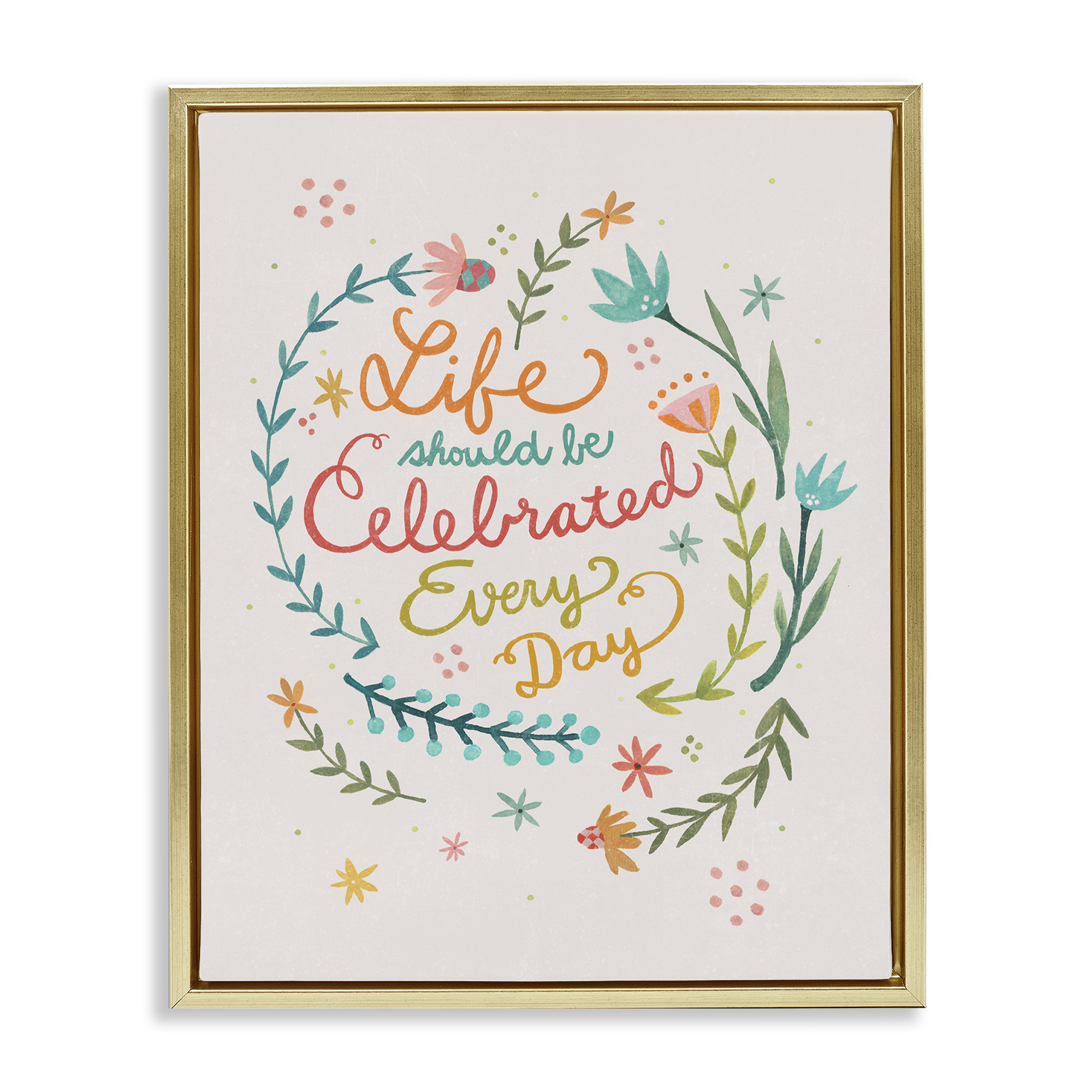 Stupell Industries Life Celebrated with Floral Sprigs Plants & Flowers Painting Gold Floater Framed Canvas Art Print Wall Art, 17 x 21