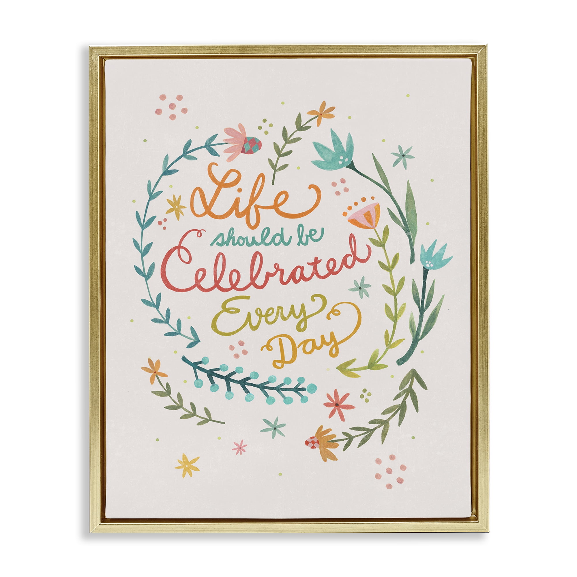 Stupell Industries Life Celebrated with Floral Sprigs Plants & Flowers Painting Gold Floater Framed Canvas Art Print Wall Art, 25 x 31