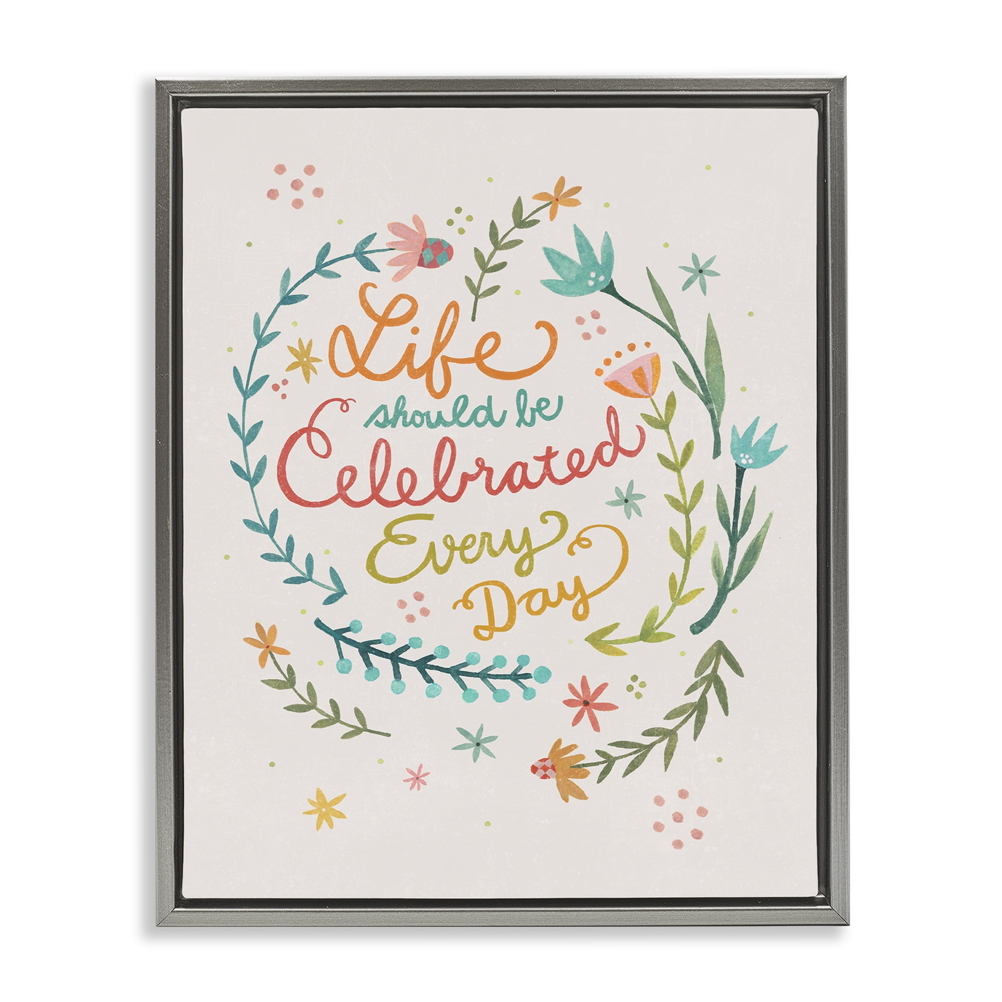 Stupell Industries Life Celebrated with Floral Sprigs Plants & Flowers Painting Gray Floater Framed Canvas Art Print Wall Art, 25 x 31