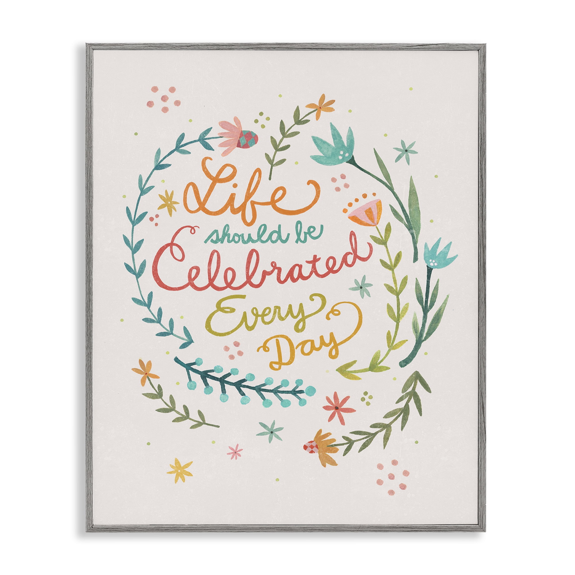 Stupell Industries Life Celebrated with Floral Sprigs Plants & Flowers Painting Gray Framed Art Print Wall Art, 16 x 20