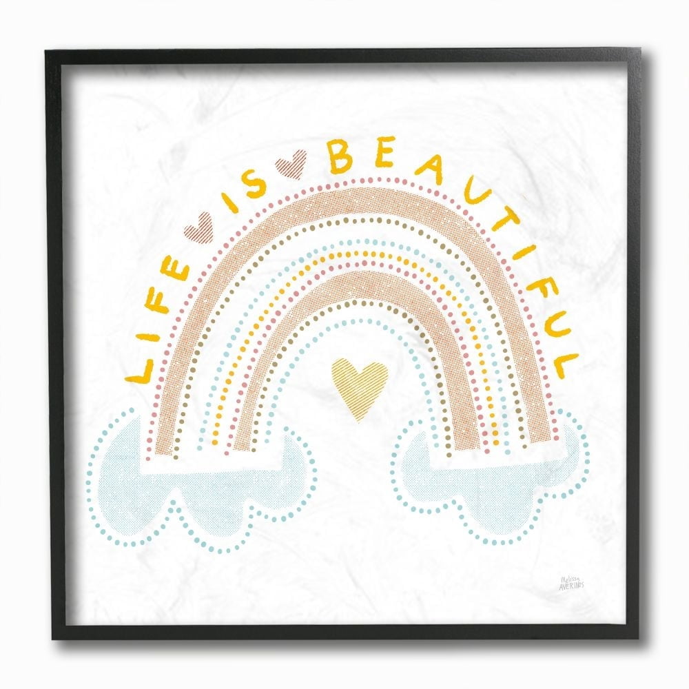 Stupell Industries Life Is Beautiful Quote Patterned Rainbow Sky Cloud Text Framed Wall Art Design by Melissa Averinos, 12" x 12", Black Framed