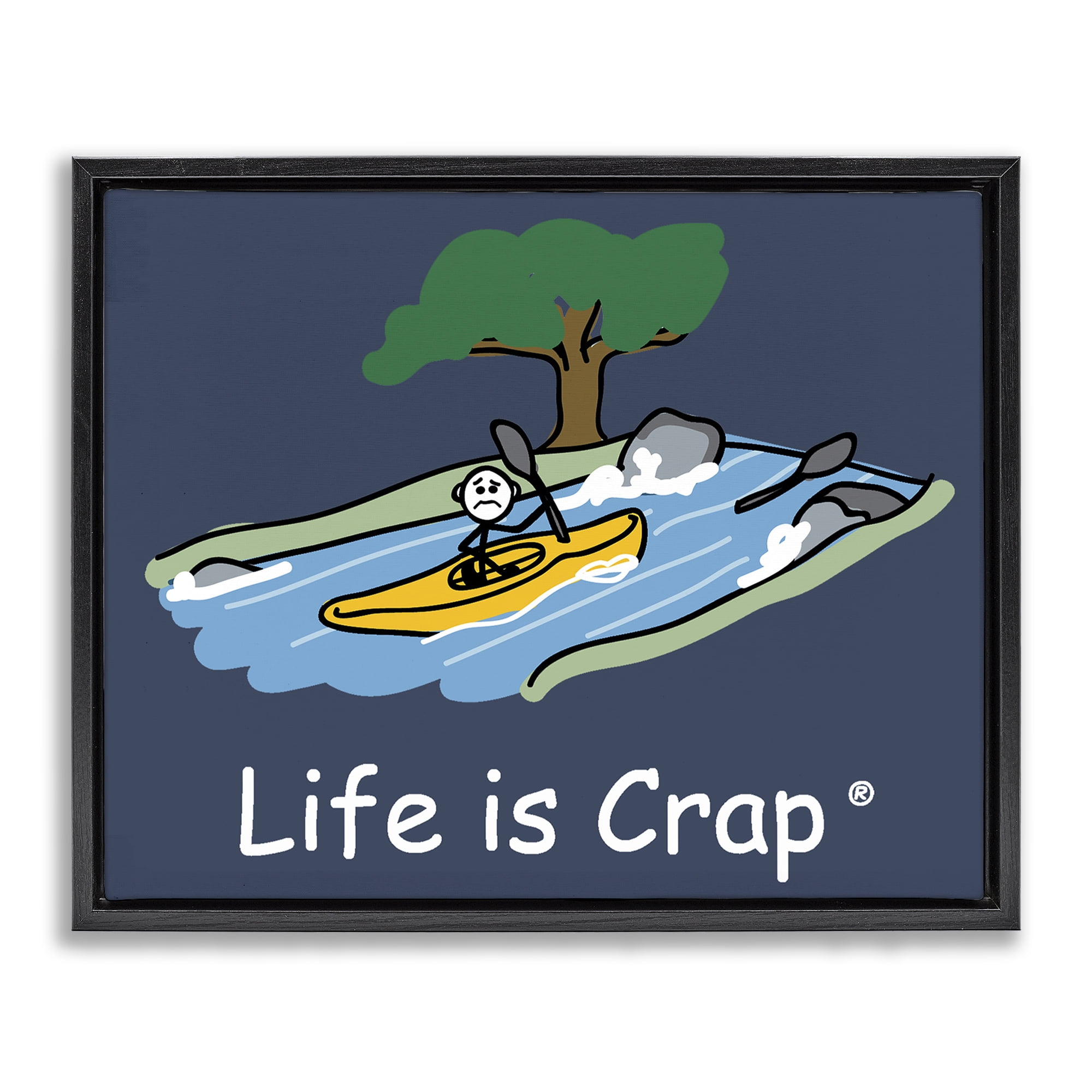 Stupell Industries Life Is Crap Kayaker Novelty & Humor Painting Black Floater Framed Canvas Art Print Wall Art, 21 x 17