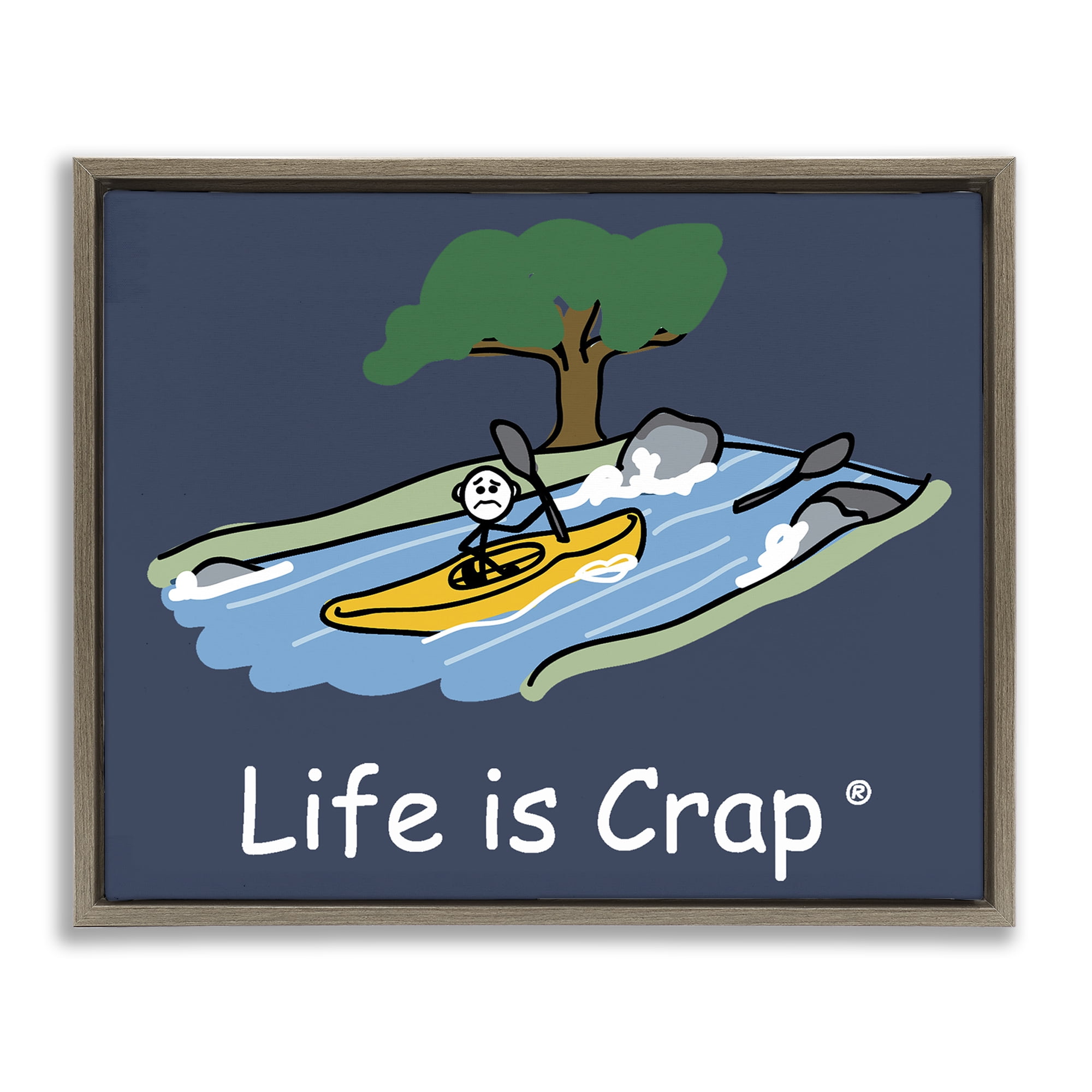Stupell Industries Life Is Crap Kayaker Novelty & Humor Painting Brown Floater Framed Canvas Art Print Wall Art, 21 x 17