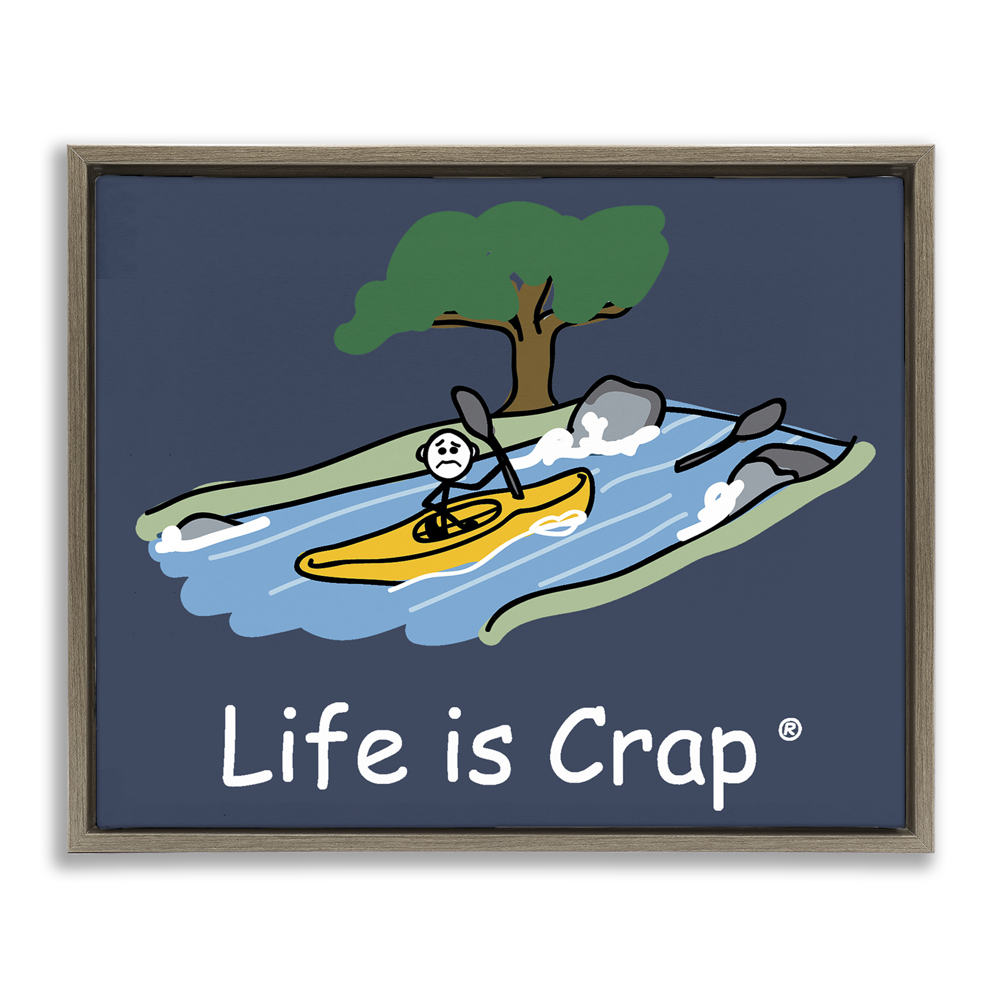 Stupell Industries Life Is Crap Kayaker Novelty & Humor Painting Brown Floater Framed Canvas Art Print Wall Art, 31 x 25