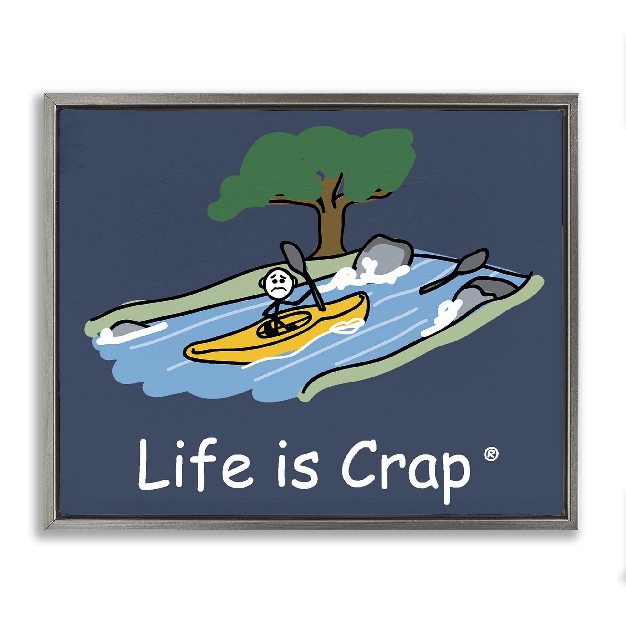 Stupell Industries Life Is Crap Kayaker Novelty & Humor Painting Gray Floater Framed Canvas Art Print Wall Art, 21 x 17