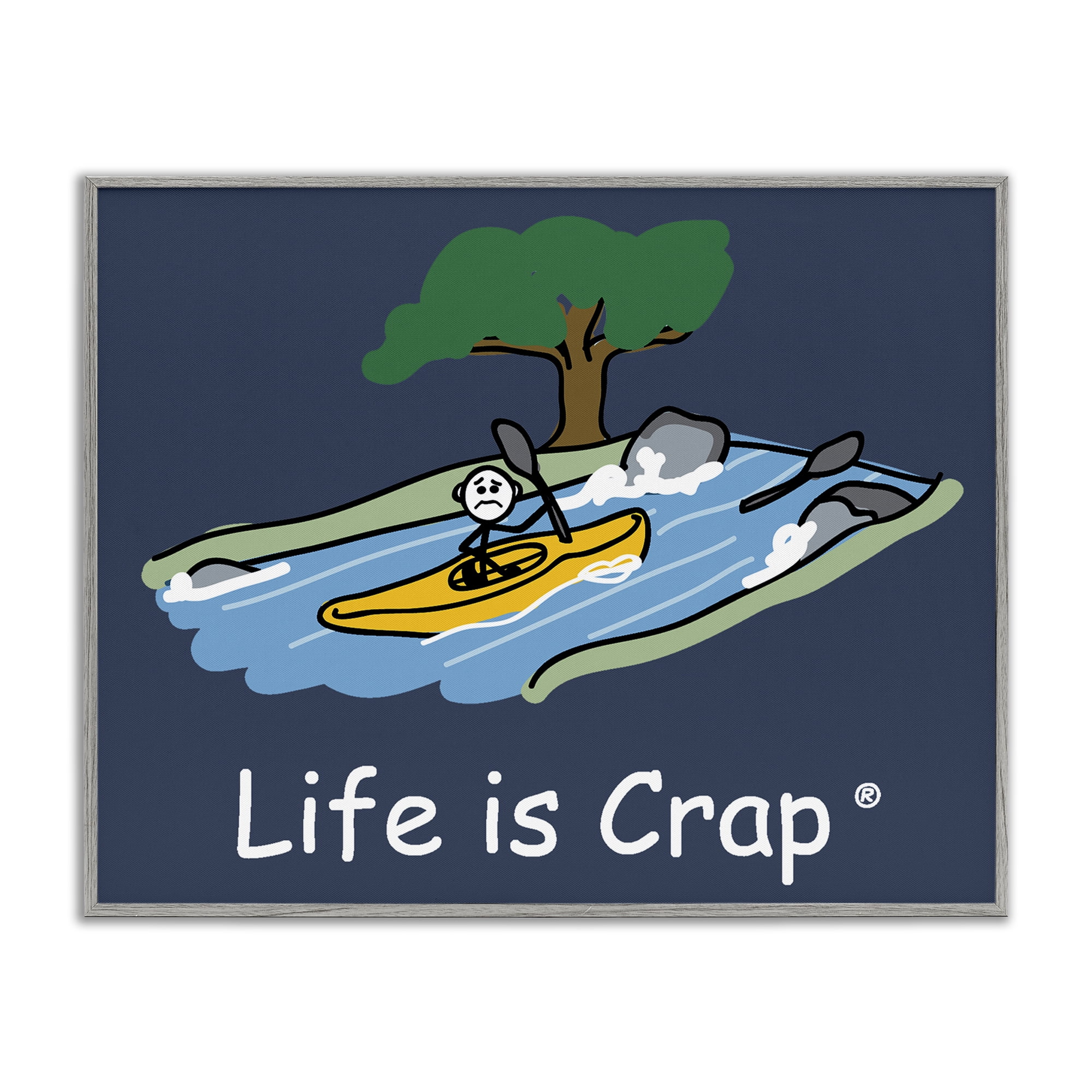 Stupell Industries Life Is Crap Kayaker Novelty & Humor Painting Gray Framed Art Print Wall Art, 14 x 11