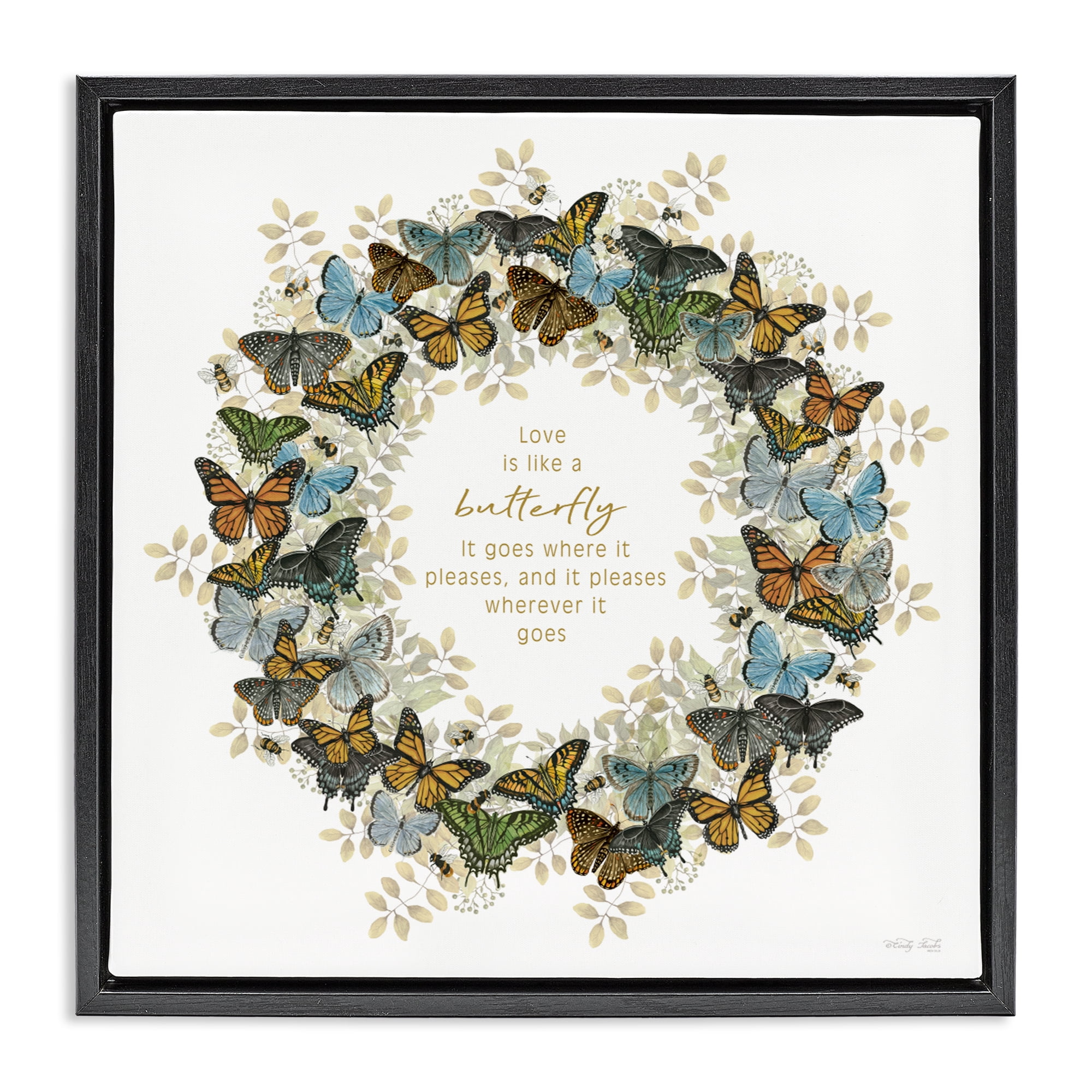 Stupell Industries Life Is Like A Butterfly Wreath Black Framed Floater Canvas Wall Art, design by Cindy Jacobs