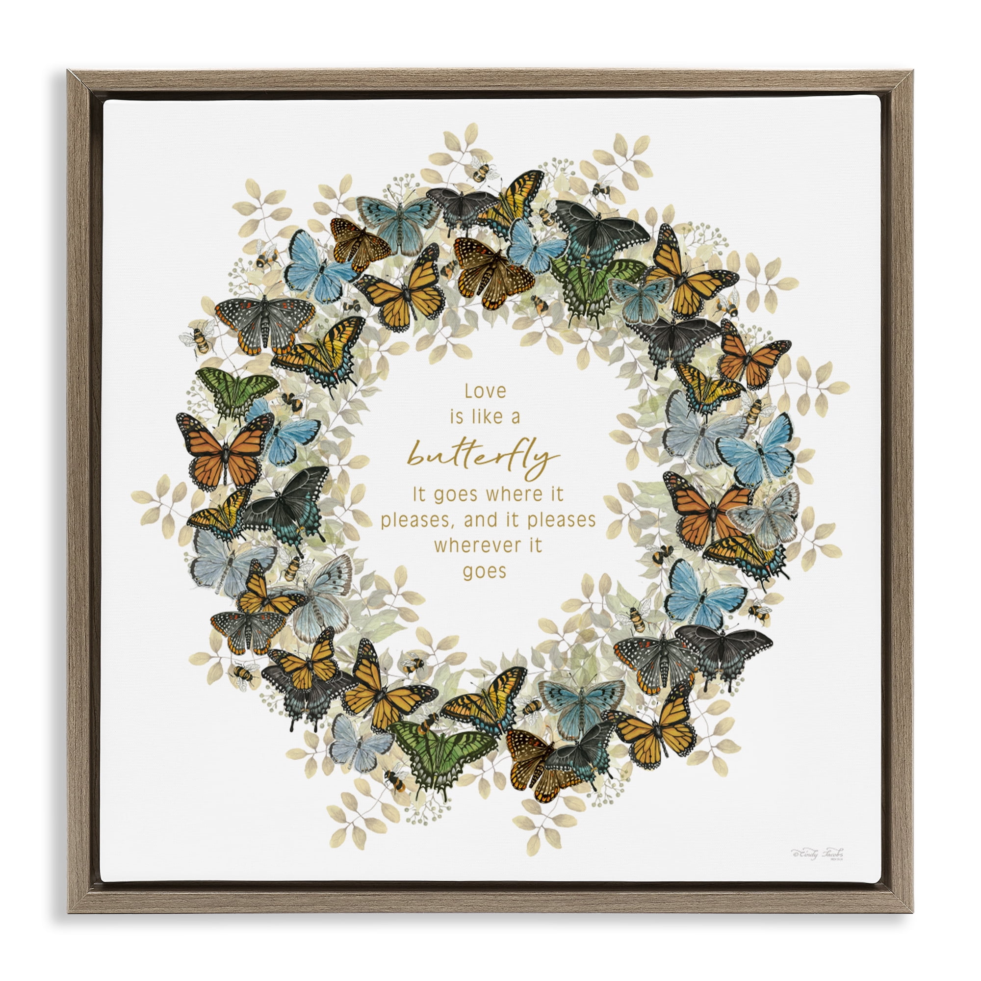 Stupell Industries Life Is Like A Butterfly Wreath Brown Framed Floater Canvas Wall Art, design by Cindy Jacobs